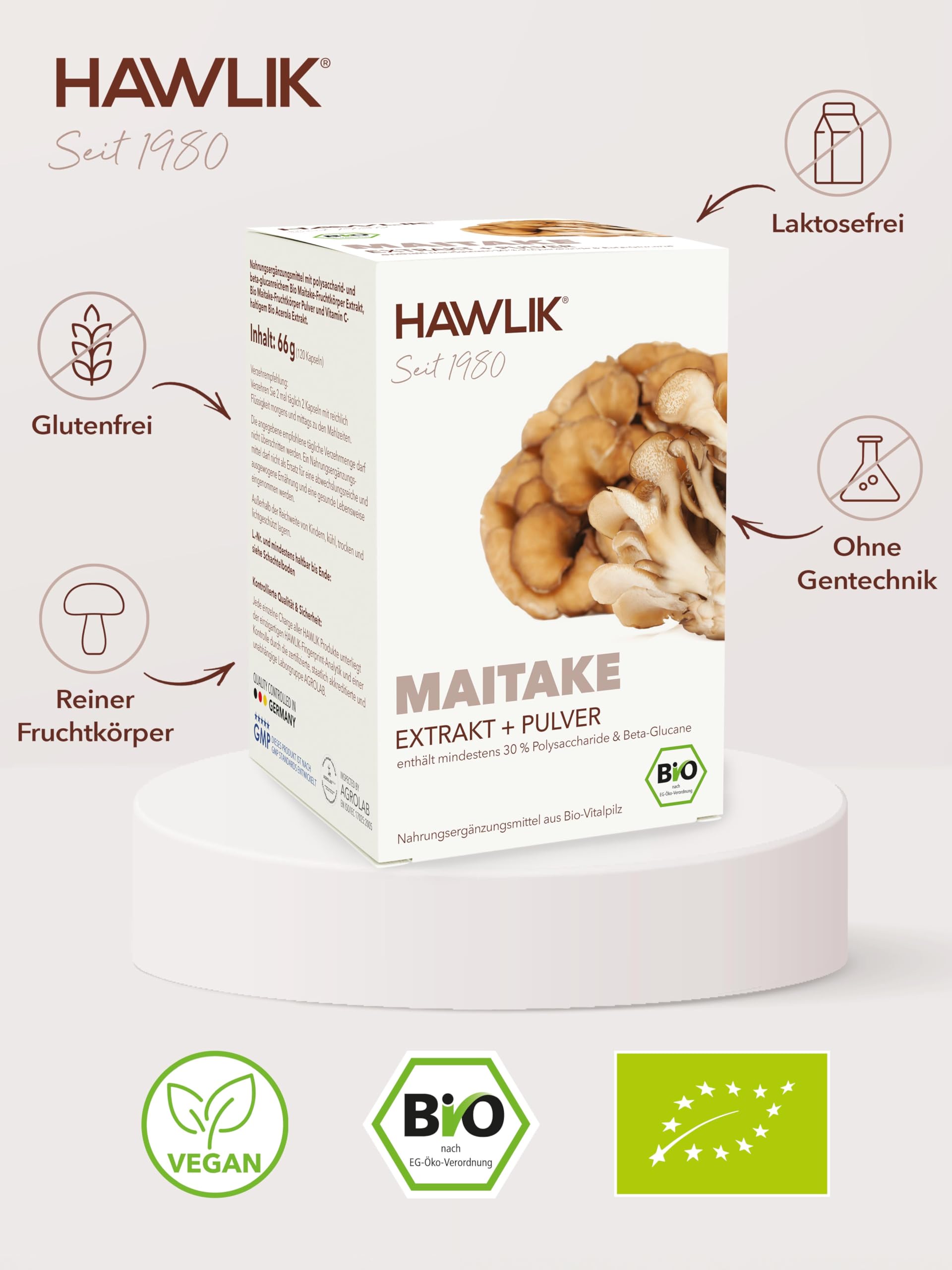 HAWLIK Vitalpilze Bio Maitake Extrakt + Pulver Kapseln - 120 Kapseln im Blister - Mit Vitamin C - Extrakt & Pulver - Natürlicher Anbau - Vegan