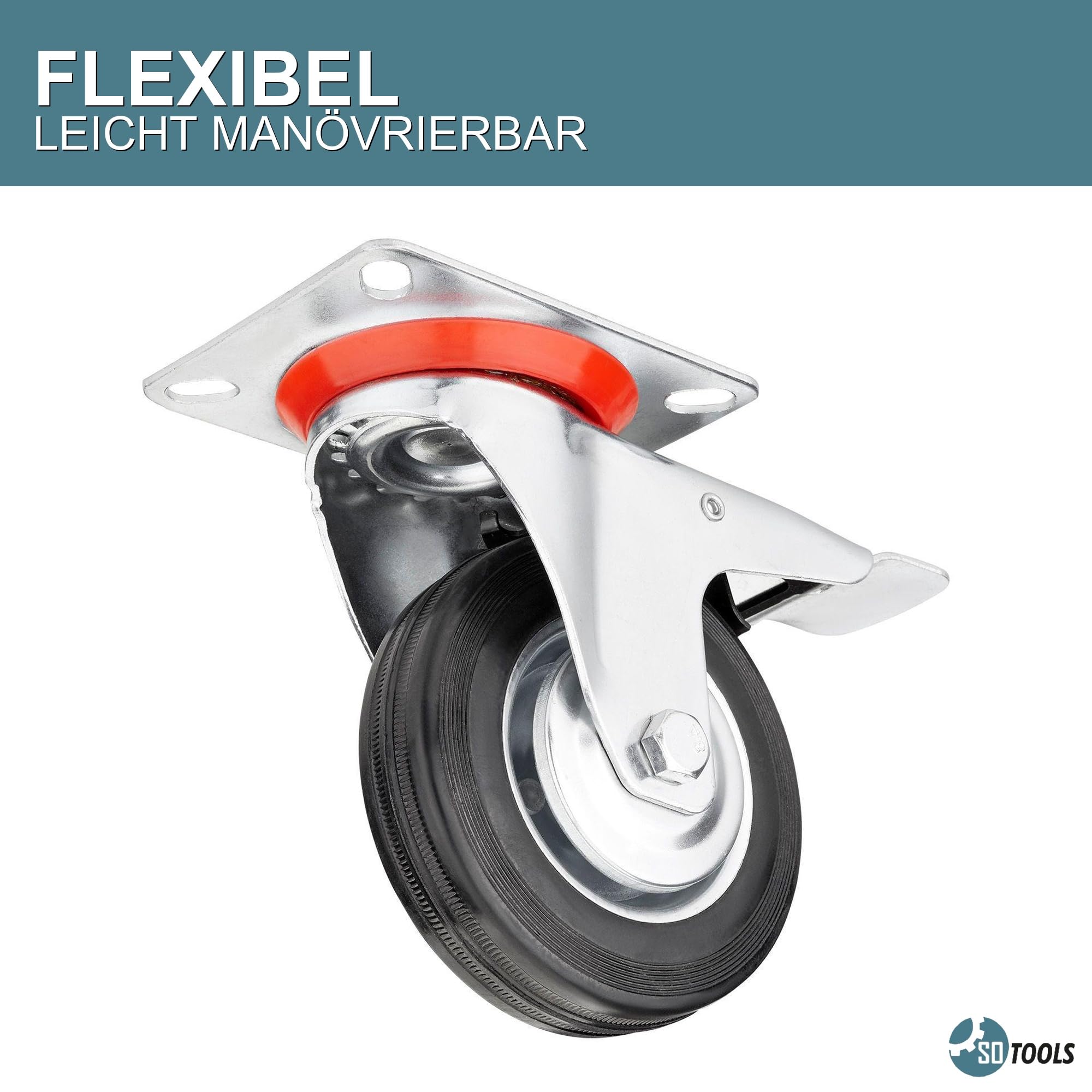 SOTOOLS 4er Set Schwerlastrollen MOVEX | Ø 16 cm Gummi-Laufrolle, Höhe 19.6 cm | 2x Lenkrolle mit Bremse, 2x Bockrolle, 440 kg Traglast - Für Möbel, Werkbänke & Industrie