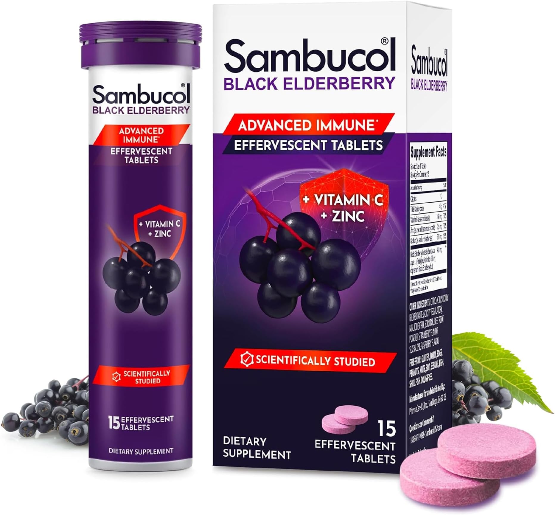 Black Elderberry Tablets with Vitamin C & Zinc - Immune Support Supplement, Black Elderberry with Zinc and Vitamin C Effervescent Tablets, High Antioxidants, Drink Fizzies - 15 Tablets
