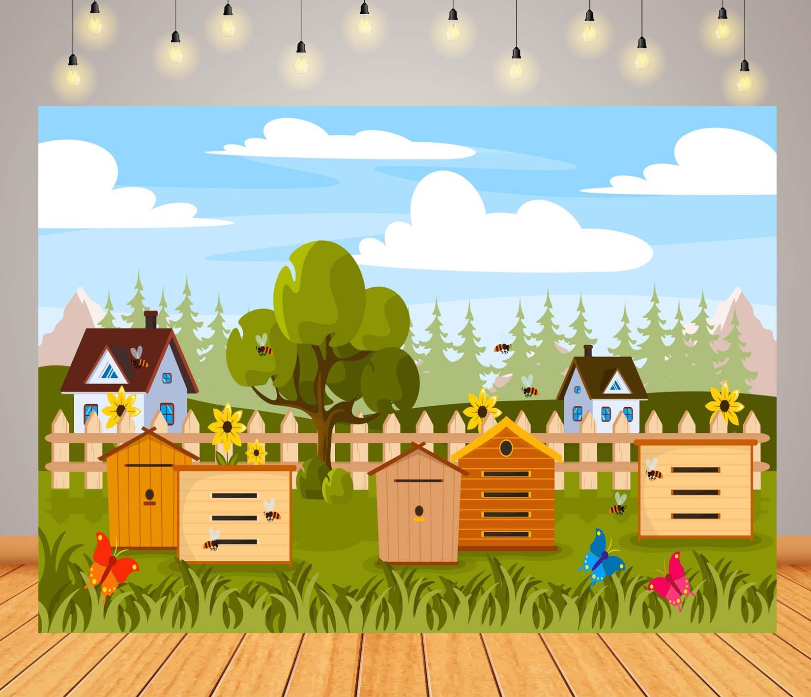 BELECO 3.6x2.5m Telo sfondo apiario campestre | Api cartoon alveari girasoli farfalle prato fattoria sfondo tema api miele compleanno bimbi accessori foto