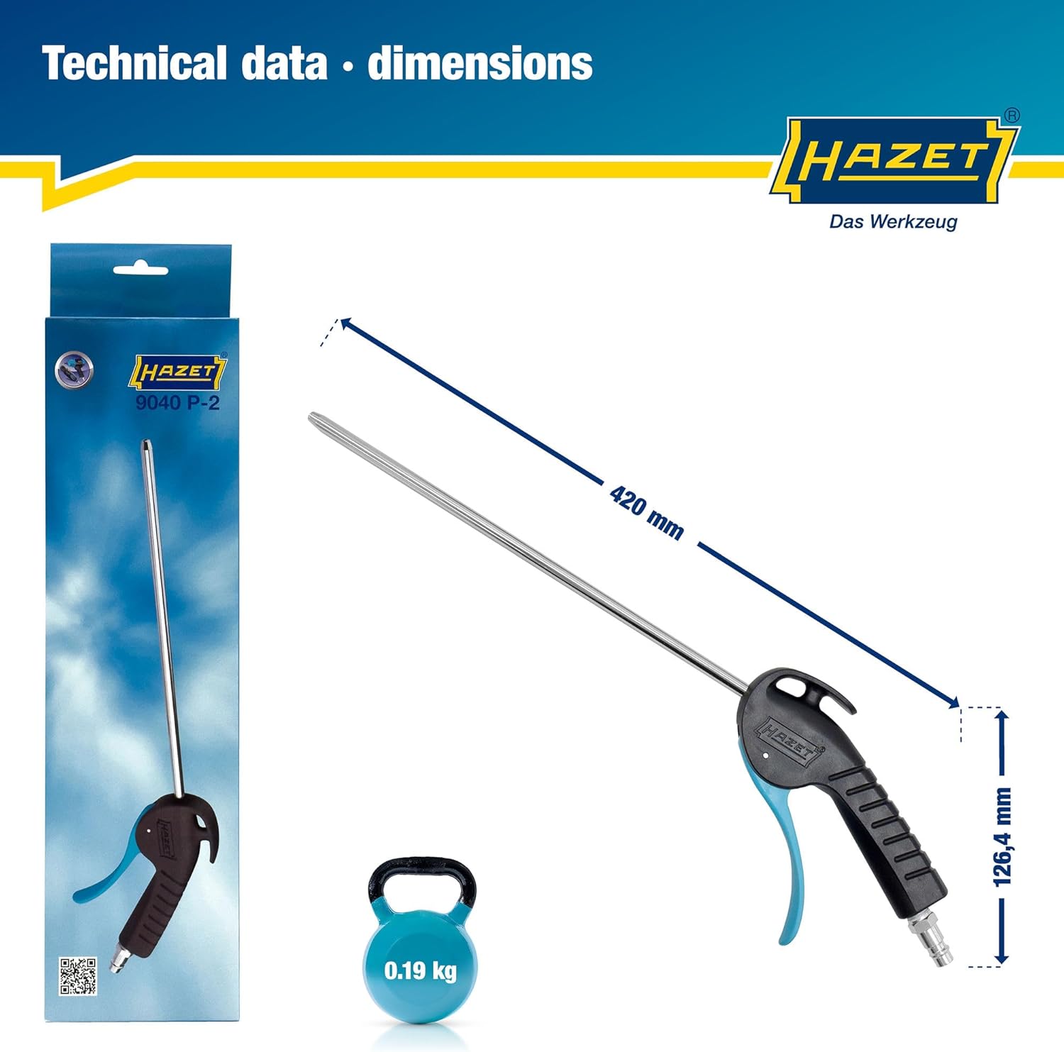 HAZET Blow Gun 9040P-2 I 11.02 Inches Straight, Long Nozzle, 87 Psi Operating Pressure with Ergonomic Handle I For Quick Removal of Chips or Other Foreign Objects