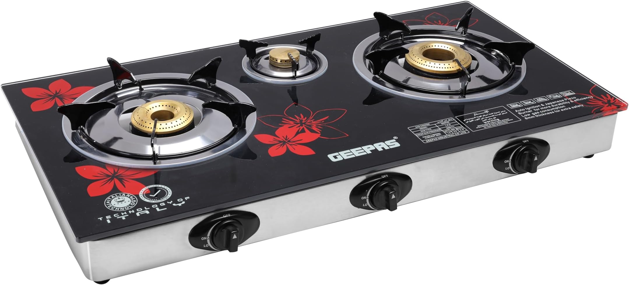 Geepas Gas Cooker, 8mm Tempered Glass Top, GK6759 | Triple Burner Gas Stove | Stainless Steel Frame & Tray | Japanese Piezo | Iron Mixing Tube