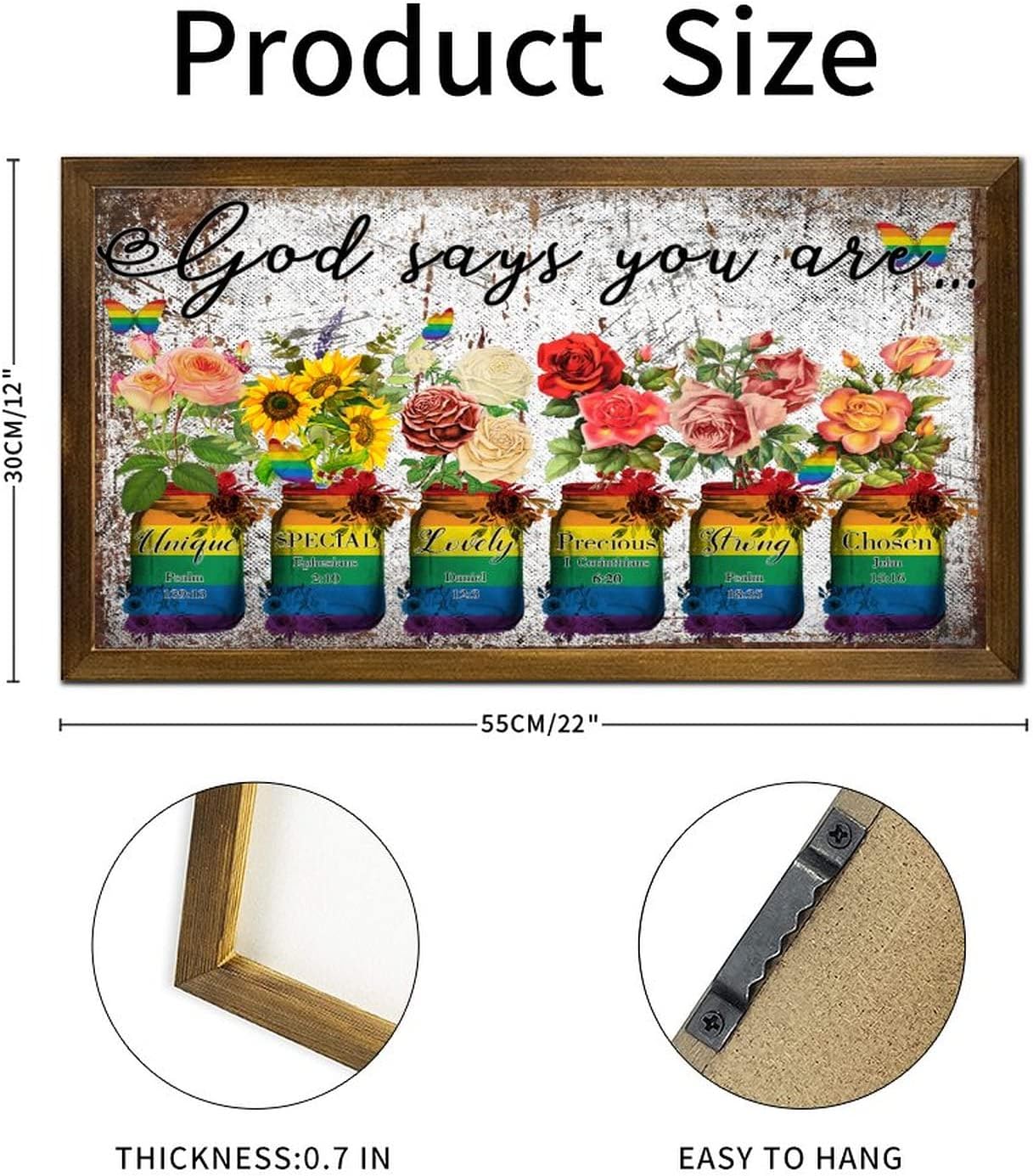 LGBT Religious Inspirational Framed Wooden Signs God Says You are Wood Panels Retro Lesbian & Gay Wall Art Hanging Decorative for LGBTQ Gay Lesbian Pride 12x22 in