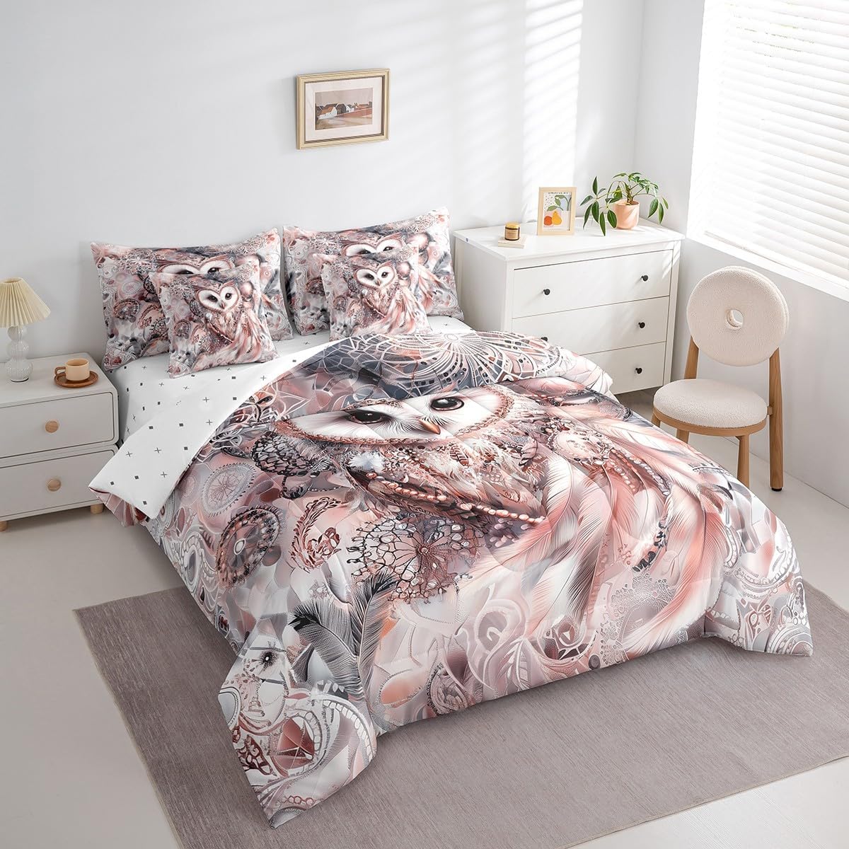 Erosebridal Wildlife Owl Full Comforter Set 7 Piece Boho Dreamcatcher Bedding Set Wild Animal Bed in A Bag with Sheets for Boys Girls Teen,Exotic Tribal Feather Sheet Set with Comforter