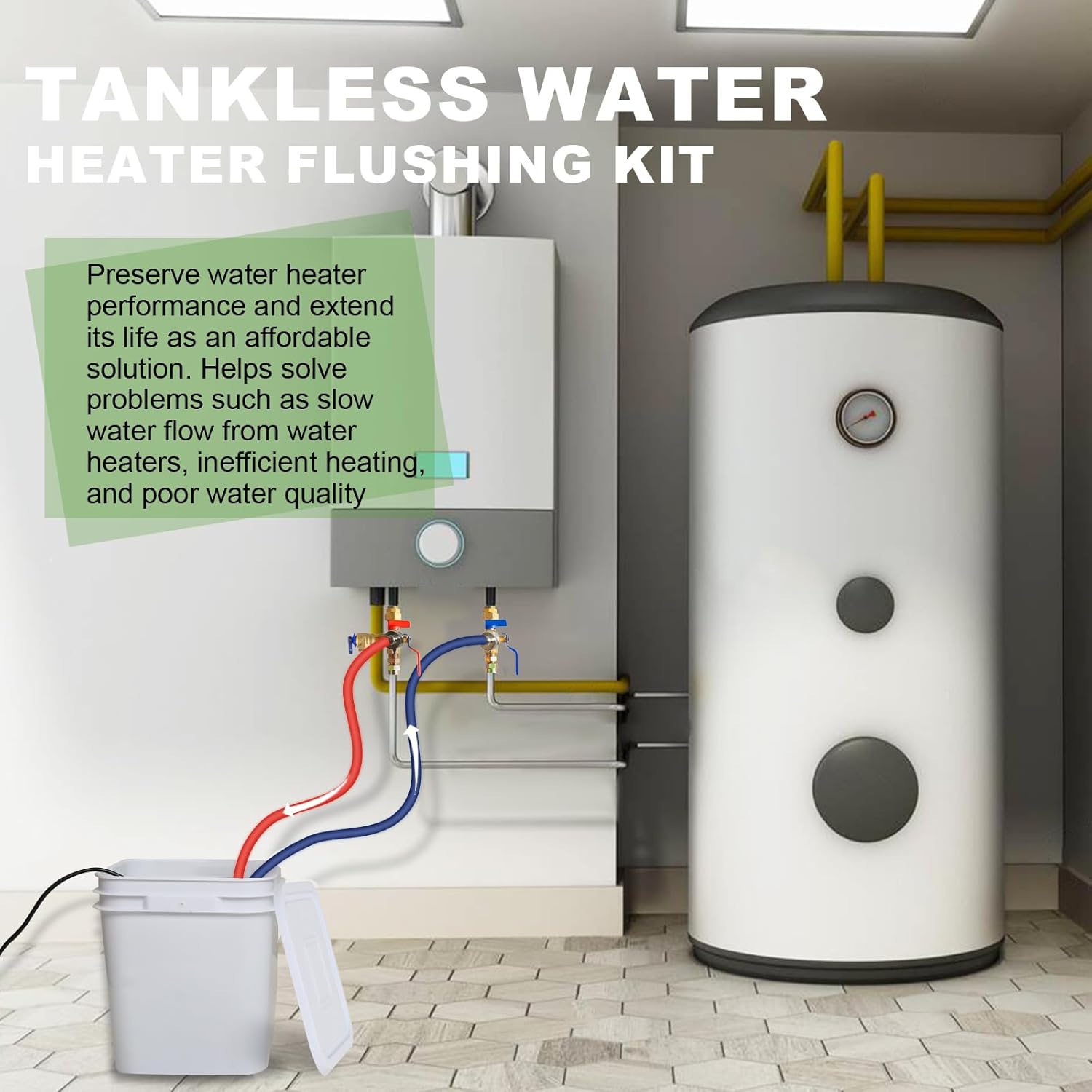 Tankless Water Heater Flushing Kit, Includes 1/6HP Submersible Utility Pump with Adapter, 2 x 6FT x 3/4"GHT Hose, 3 Gallon Pail with Bucket Lid Opener, Efficient Cleaning Hot Water Heater Flush Kit
