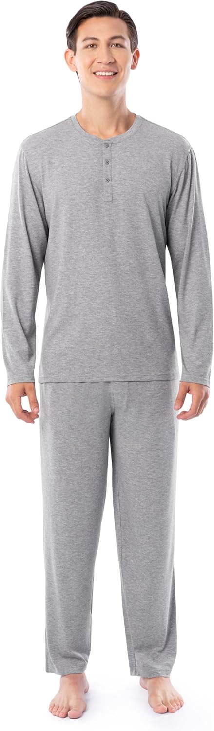 Fruit of the Loom mens 360 Stretch Long Sleeve Henley Top and Pant Sleep Pajama Set