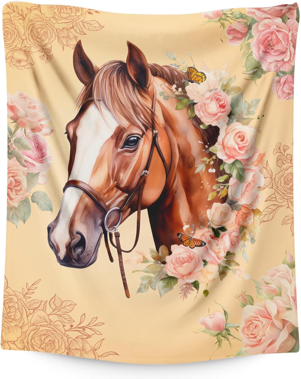 Girls Horse Blanket, Rose Floral Throw Blanket Gift for Women Daughter Mom, 50x60 Inches Lightweight Soft Cozy Throw for Sofa Couch Bed Home Decor