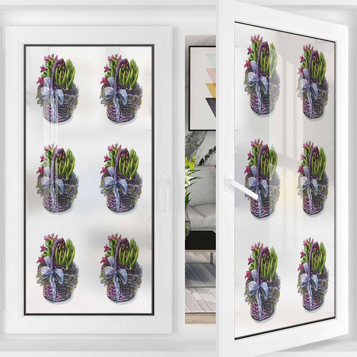 Green White Self-Adhesive Privacy Glass Window Film Red Flower Bouquet Succulent Plant No Glue Glass Sticker for Glass Door Bathroom livingroom Office Watercolor 35.4Wx59L-inch