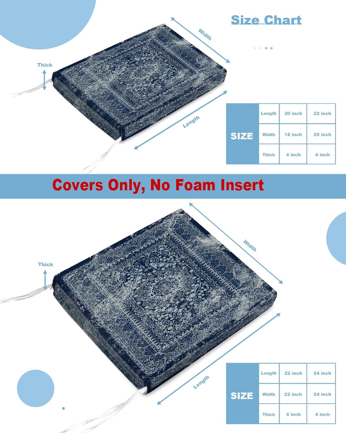 Outdoor Chair Cushion Covers 4 Pack, Boho Blue Waterproof Sofa Couch Covers, Vintage Ethnic Modern Geometric Abstract Furniture Protector Seat Slipcovers for Patio Garden, 22" x 22"