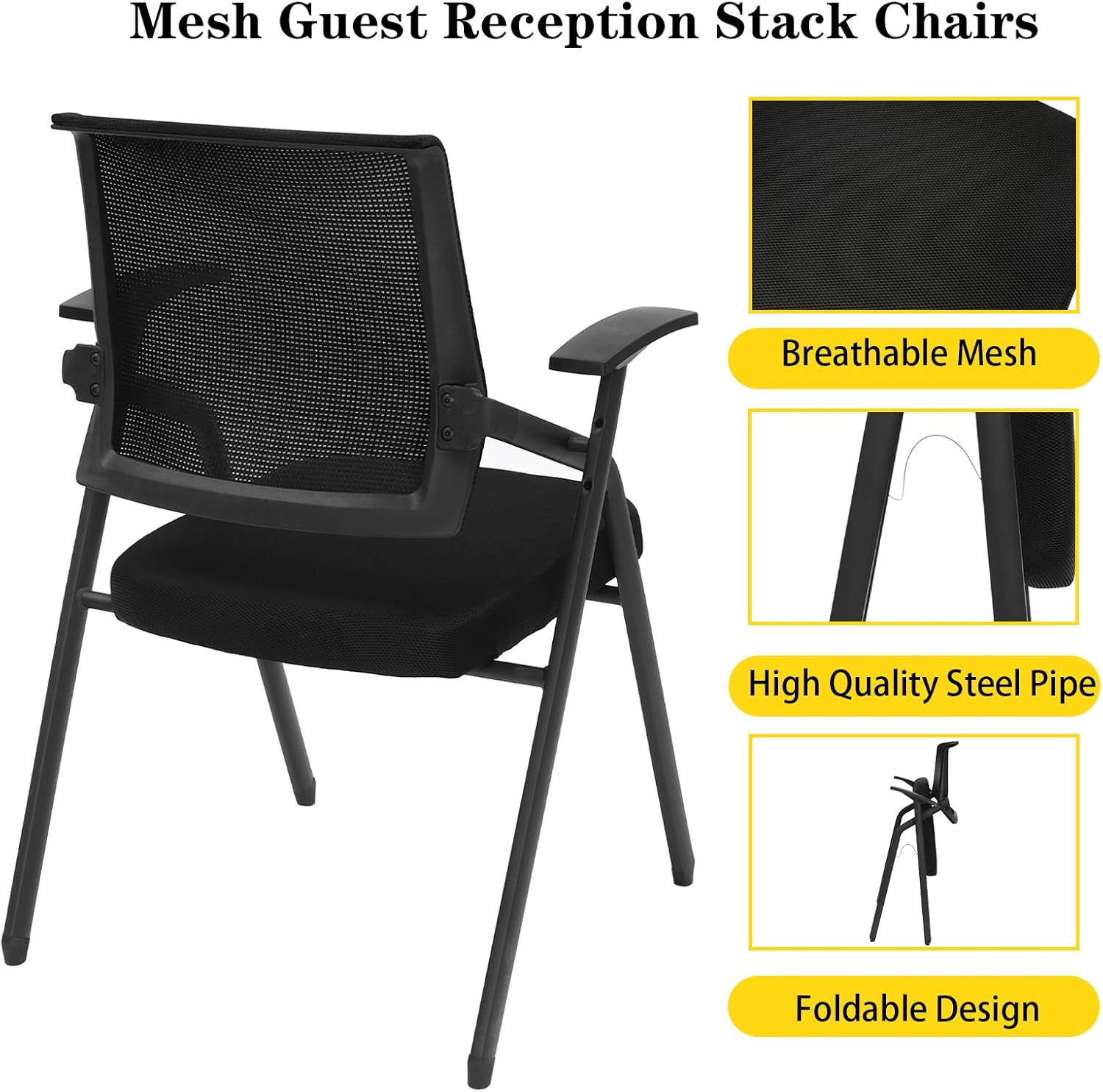 Arm Chair, 2 Pack Folding Office Desk Chair, Mesh Guest Reception Stack Chairs, Executive Office Chairs for Conference Waiting Room, with Arms - Anti-Slip Feet - Mesh Net Back, Black