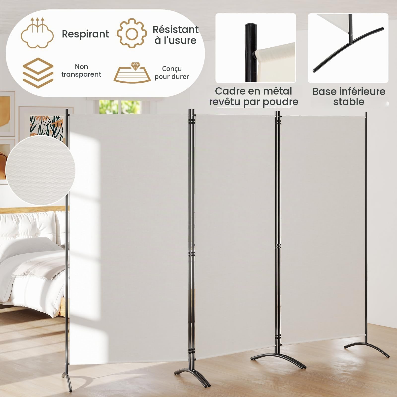 GIANTEX Cloison à 3 Panneaux Autoportante, Paravent Pliable avec Charnières Résistantes en Acier pour Salon, Bureau 260X183CM, Noir/Blanc/Gris/Marron (Blanc)
