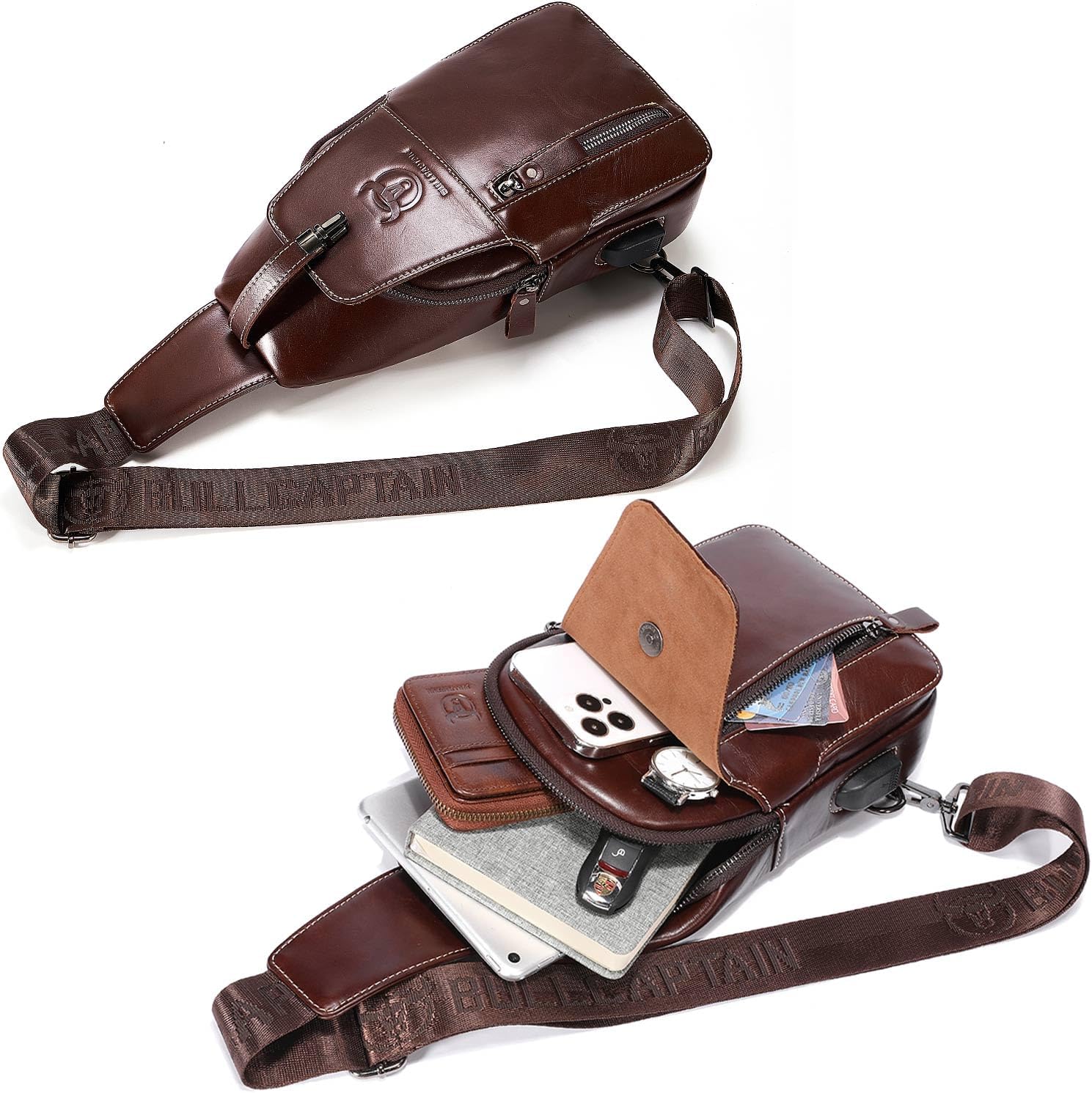 Genuine Leather Sling Bag Mens Crossbody Backpack Hiking Casual Daypack Shoulder Chest Bag with USB Charging Port