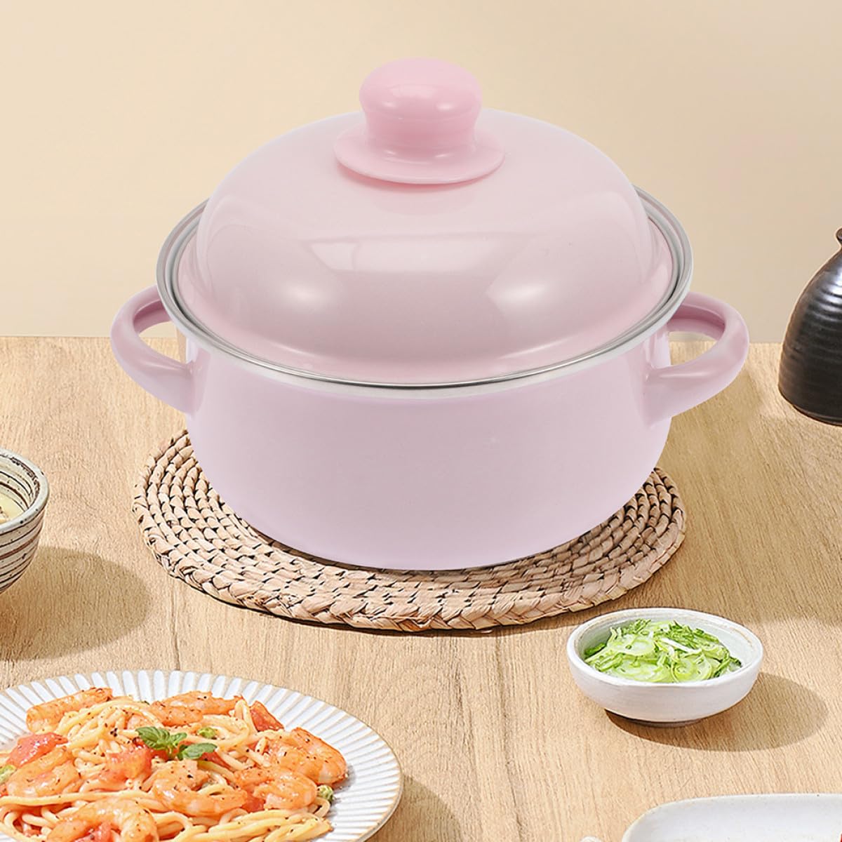 VICASKY Marmite en Émail Épais 1,7l avec Double Poignée 18 Cm Rose Casserole Rétro Antiadhésive pour Ragoûts et Soupes, Ustensile la Cuisine Vintage pour Cuisson Gaz et Électrique