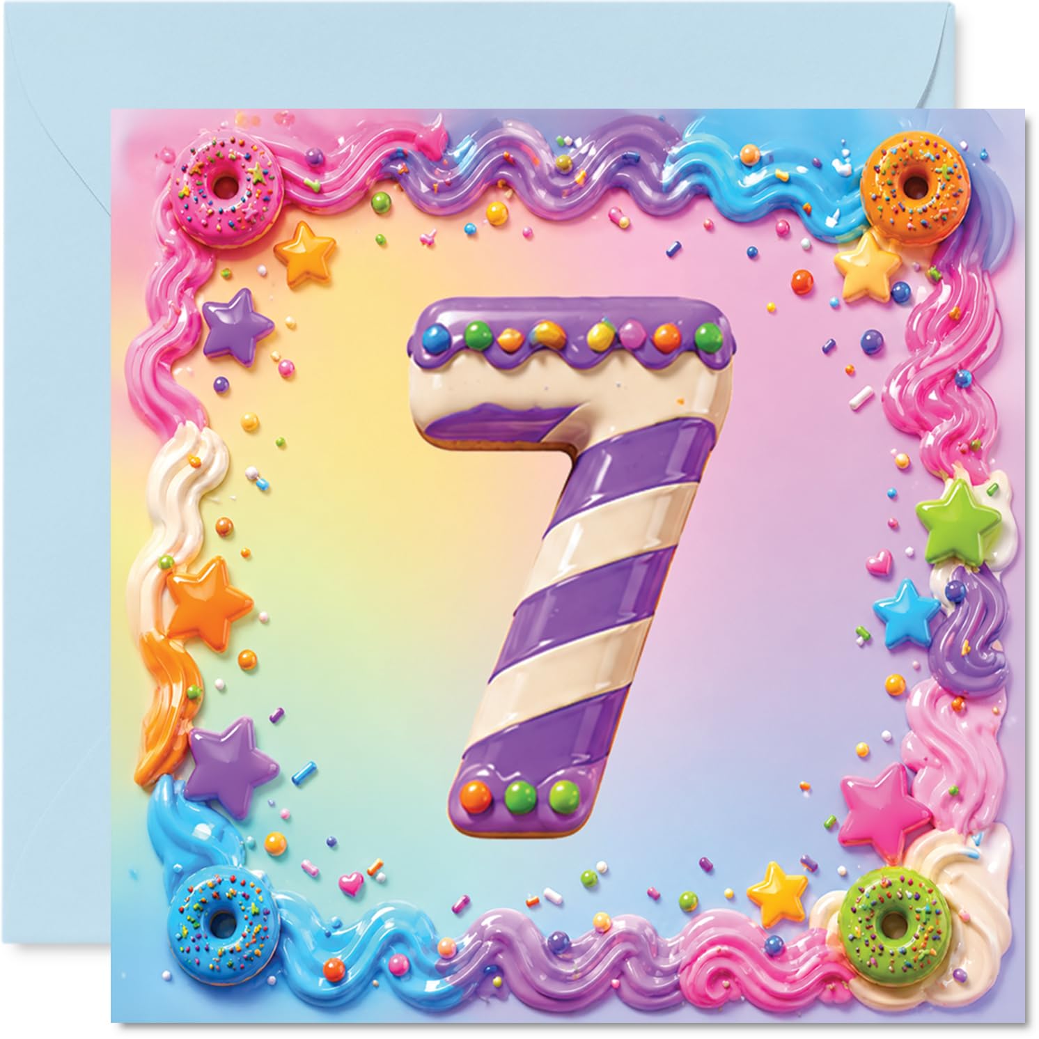 Playful 7th Birthday Card - Sprinkle-tastic Fun - Colourful Number 7 with Donuts, Stars and Icing - 145mm Square, Envelope Included