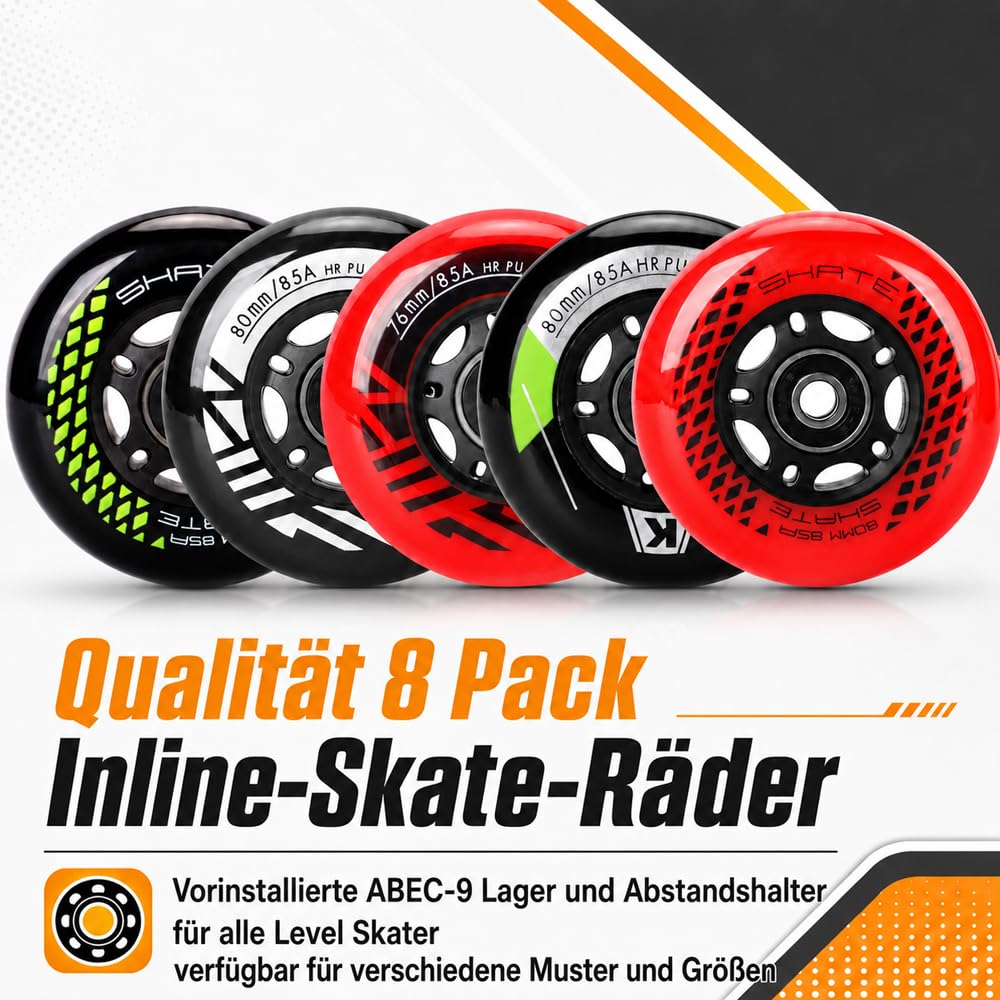 Inline Skate Rollen 80mm 76mm 72mm - 8 Stück Räder 85a Mit Kugellager ABEC9 | Für K2 Hudora Gonex Apollo (B Schwarz/80MM)