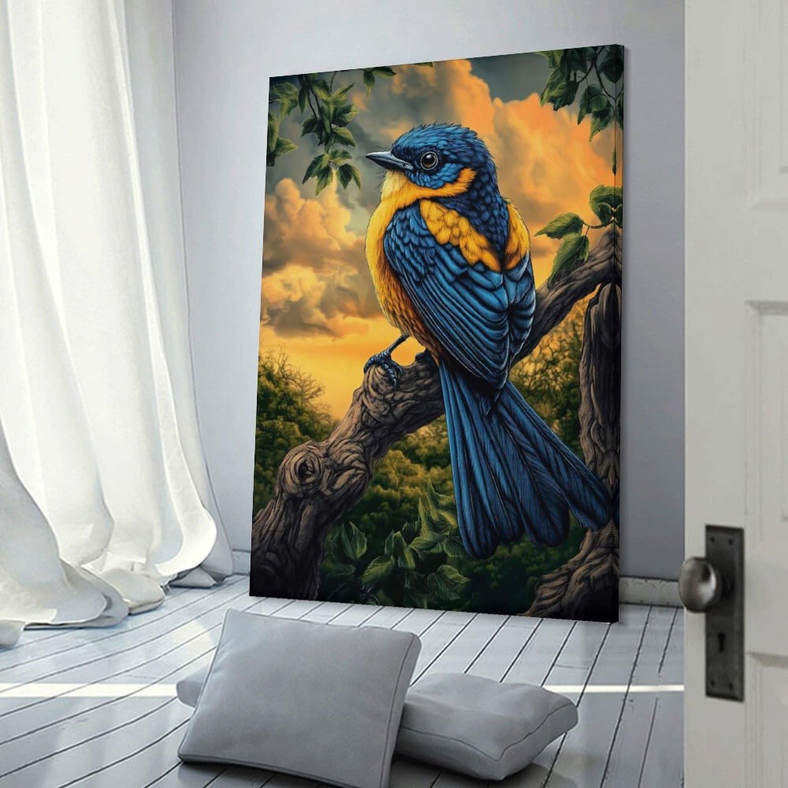 Junmoney Canvas Wall Decor Blue And Yellow Bird on Branch, 24x36inch(60x90cm), for Bedroom Decor, Cosy Corners Or Studios, Decorative Wall Art for Cosy Rooms