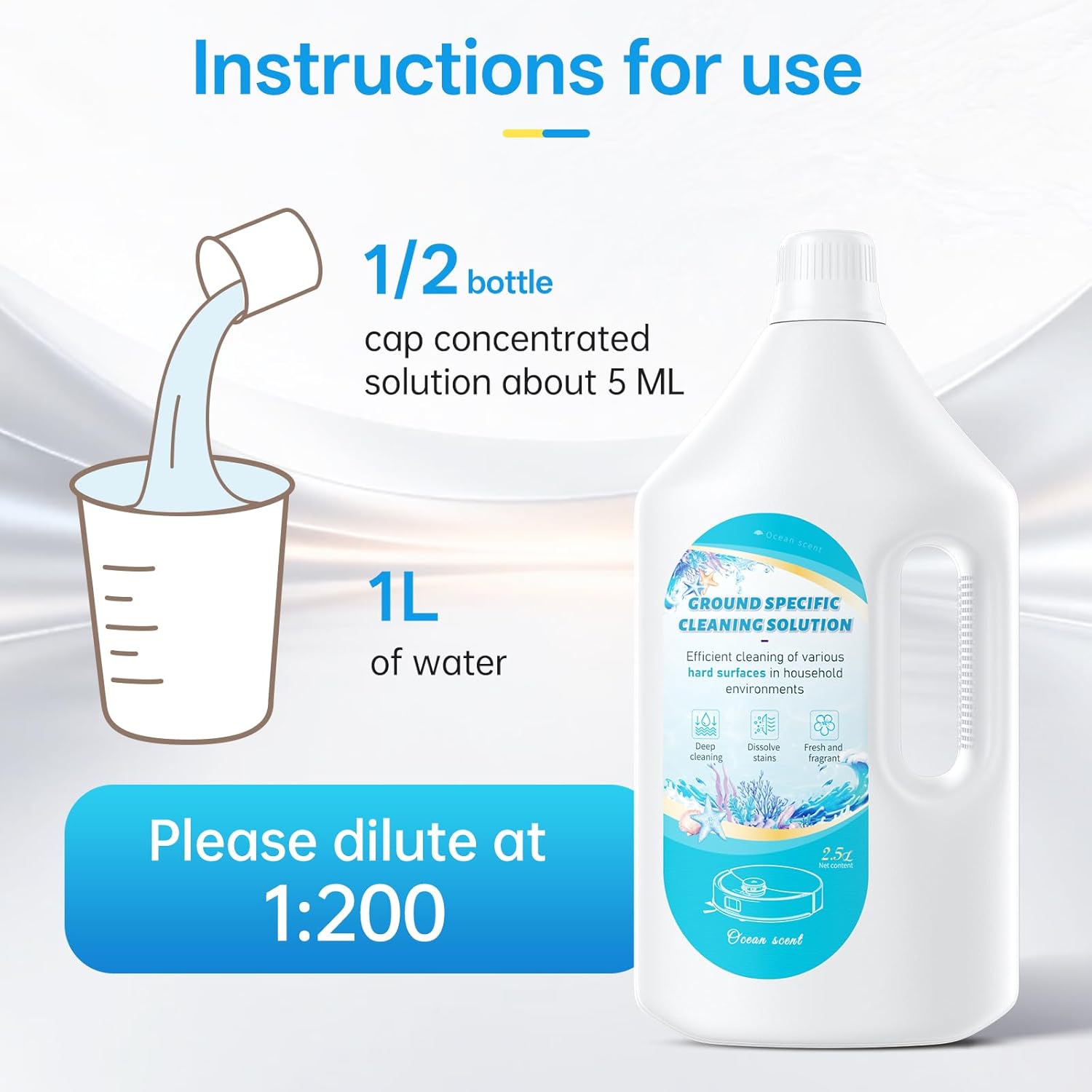 2.5L Floor Cleaning Solution Compatible with Roborock/Eufy/iRobot/Ecovacs/Dreame/Shark, Fragrance Deodorization, Deep Cleans for Multiple Hard Floors (2.5 Liter, 【Fresh Ocean】)