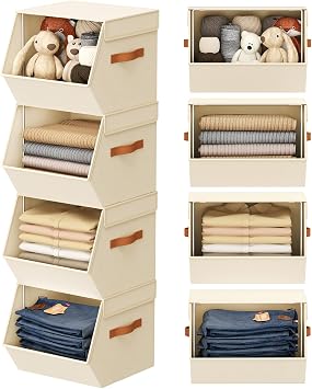 Stackable Wardrobe Organisers and Storage Bins, Open Front Closet Shelf Organiser System With Steel Frame, Clothes Storage Basket Fabric, Collapsible Closet Drawers for Wardrobe, Nursery ,Toy, 4 Pack