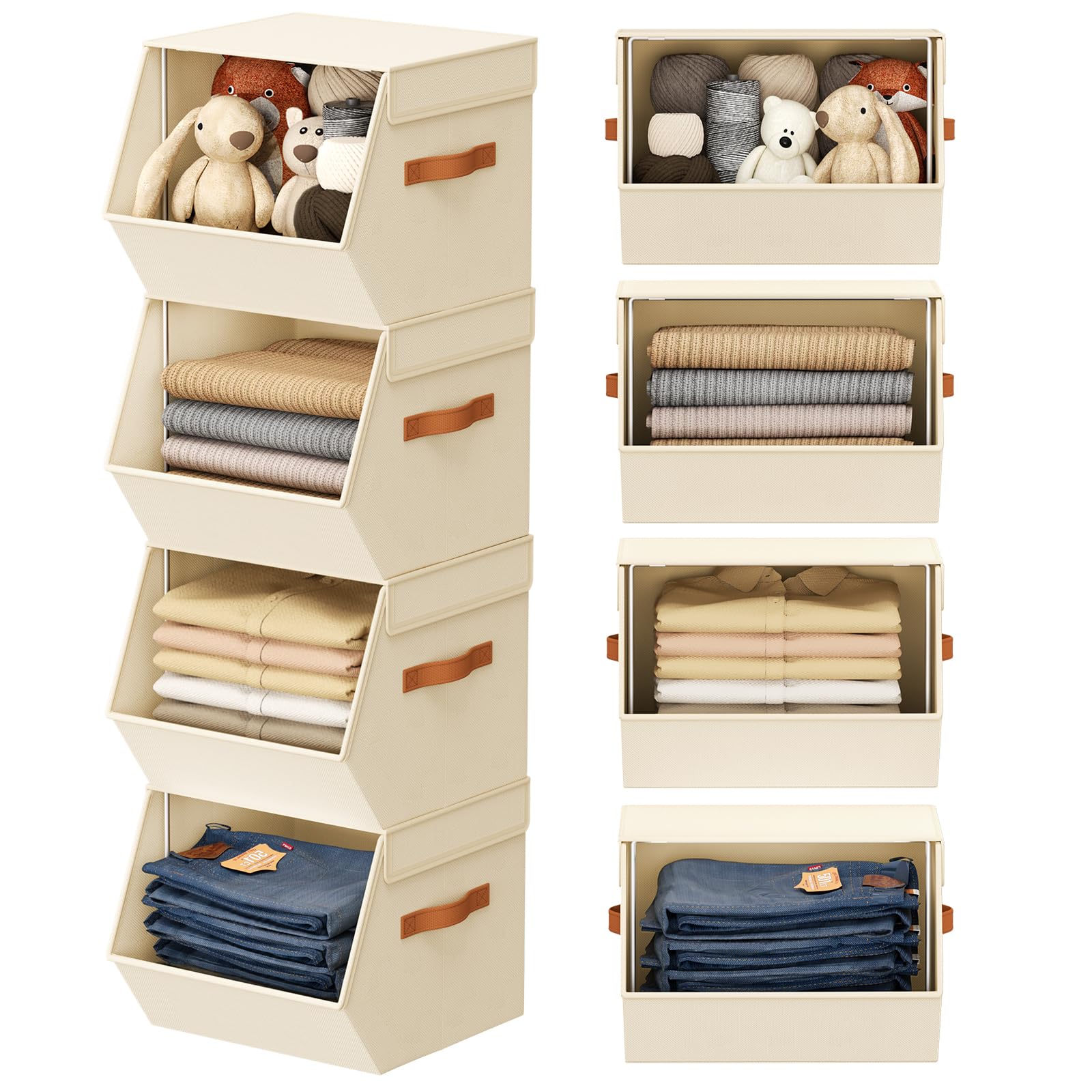 Stackable Wardrobe Organisers and Storage Bins, Open Front Closet Shelf Organiser System With Steel Frame, Clothes Storage Basket Fabric, Collapsible Closet Drawers for Wardrobe, Nursery ,Toy, 4 Pack