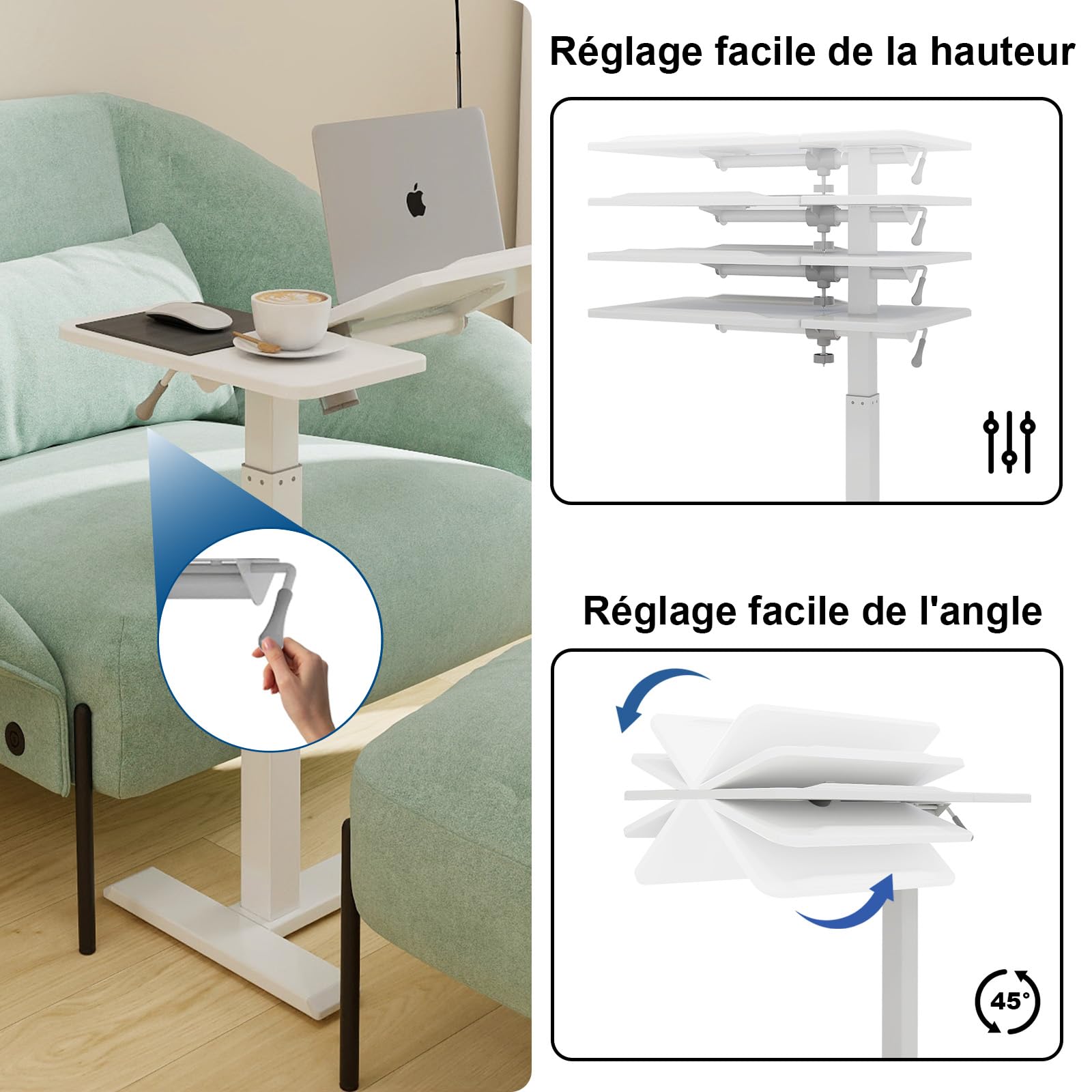 PUNCIA Table de Lit avec 4 Roues Cachées 68x40CM Bureau Debout (Blanc) | Mobile Médical Table d'Appoint Hopital Réglable en Hauteur 70-102cm pour Ordinateur Portable pour Chambre Salon Canapé