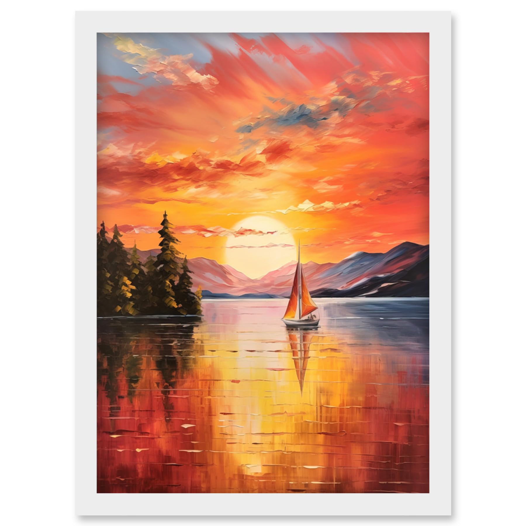 Artery8 Serene Lake Sunset Sailing Vibrant Oil Painting Sail Boat Lakeside Mountain Landscape Artwork Framed Wall Art Print A4