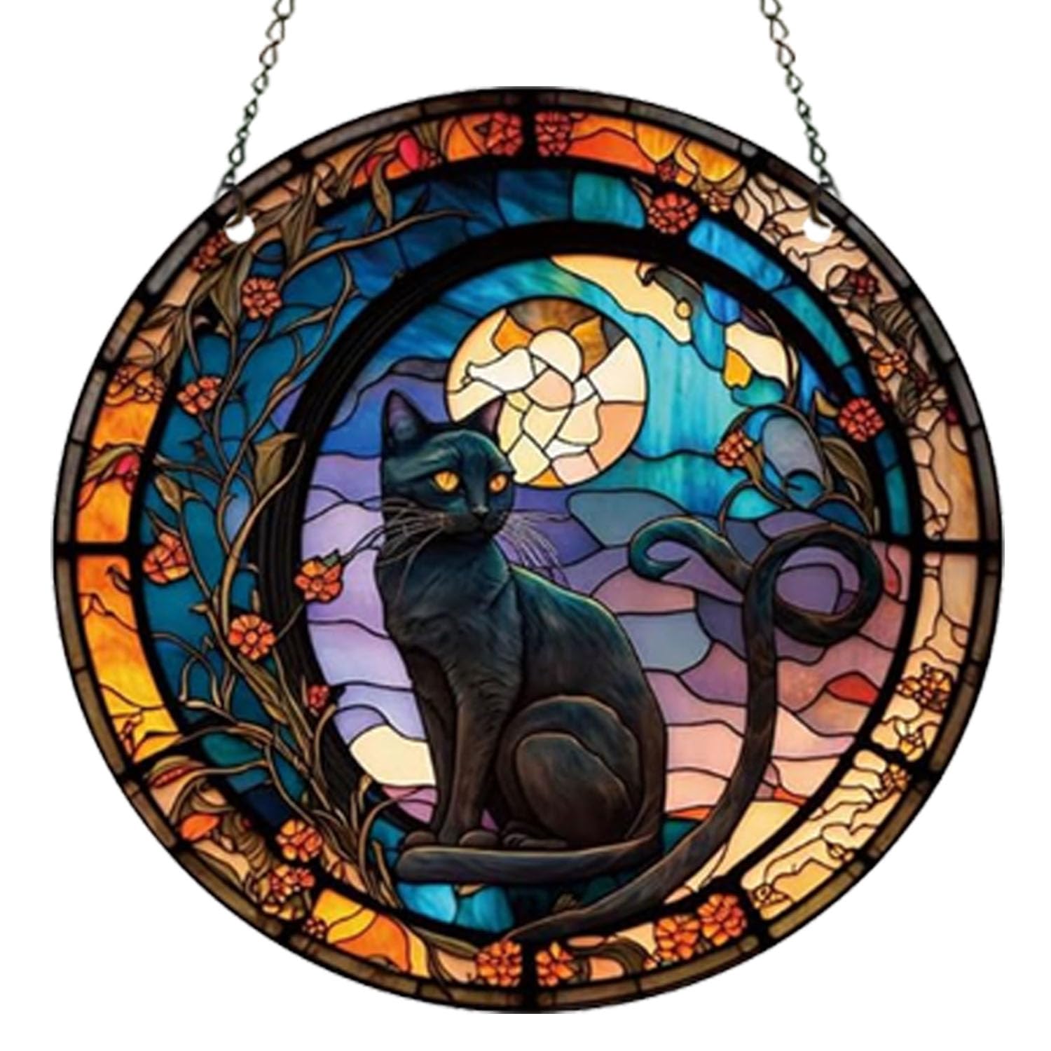 Cat Suncatcher Cat On Moon Stained Glass Window Hanging, Black Cat Cat ...