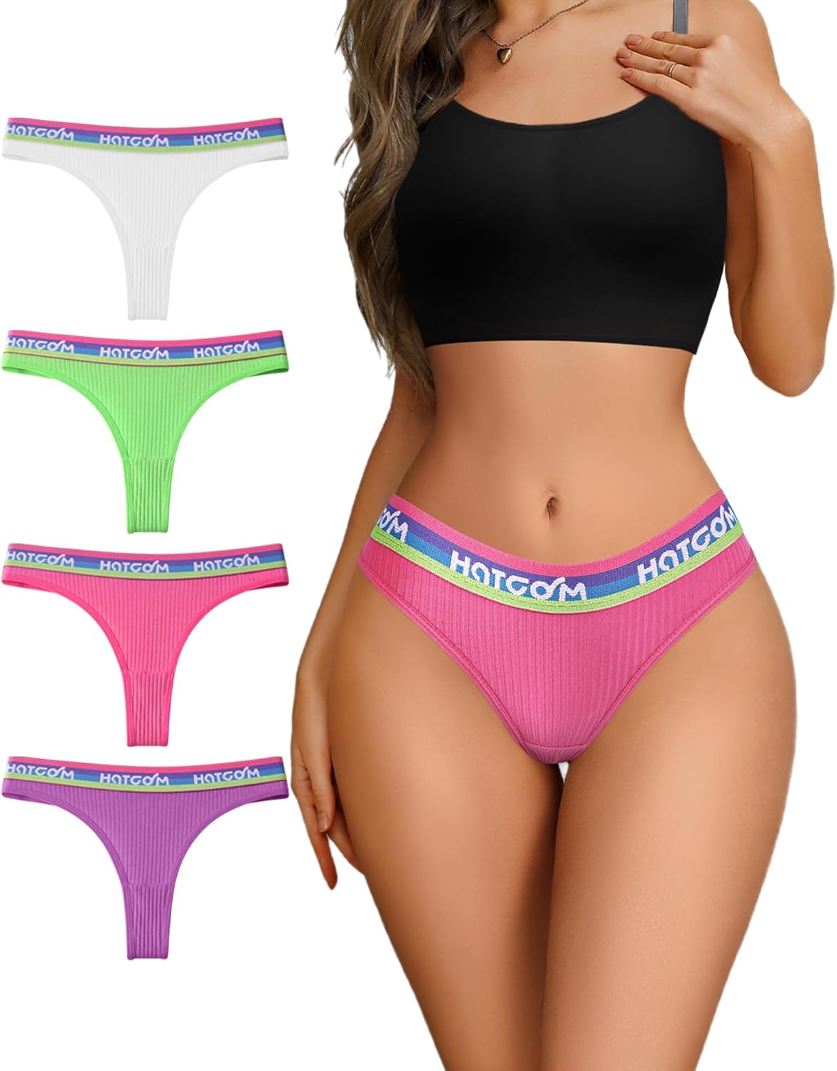 Hotcom Thongs for Women,Cotton Low Rise Seamless Thong Underwear with Letter Print Waistband Ribbed Bikini Panties 4/6 Pack