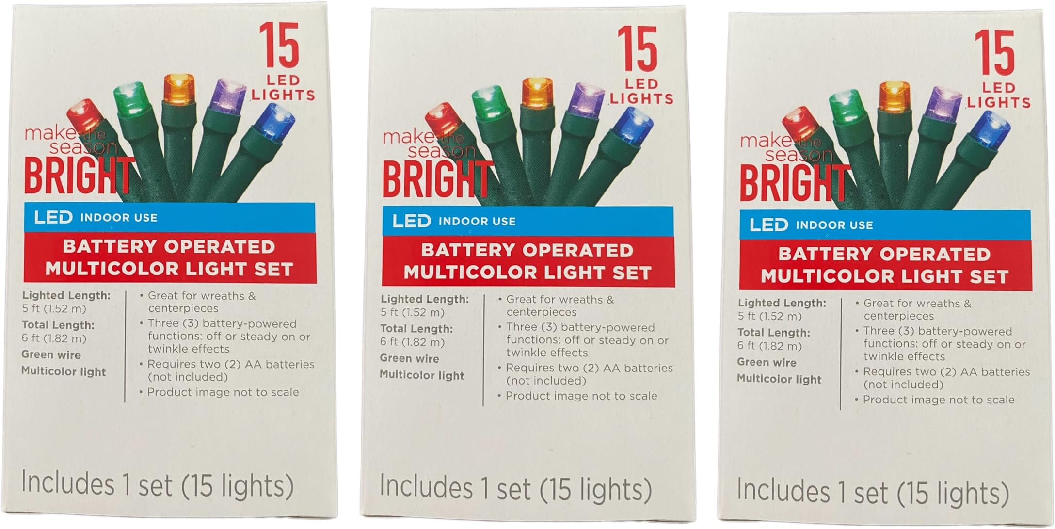 Walgreens 15 LED Battery Operated Multicolor Light Set, 5 ft Lighted Length, Indoor Use, 3pk 15 ft Total