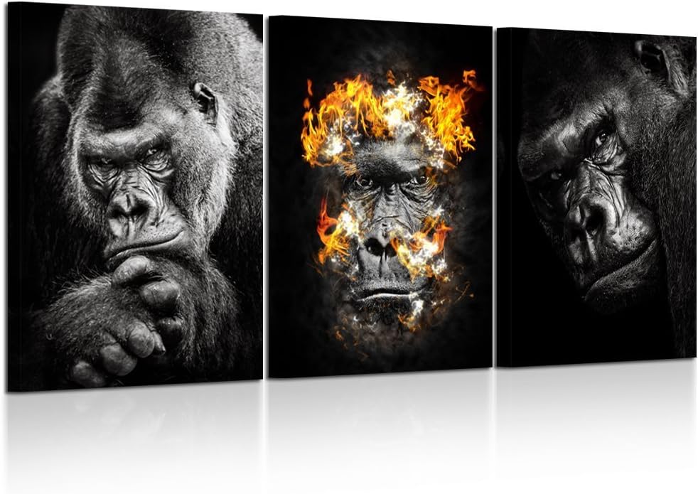 KREATIVE ARTS 3 Pieces Canvas Prints Western Lowland Gorilla Black White Animals Poster Art Prints Picture Printed on Canvas Framed and Stretched Ready to Hang for Office Wall Decor 16x24inchx3pcs
