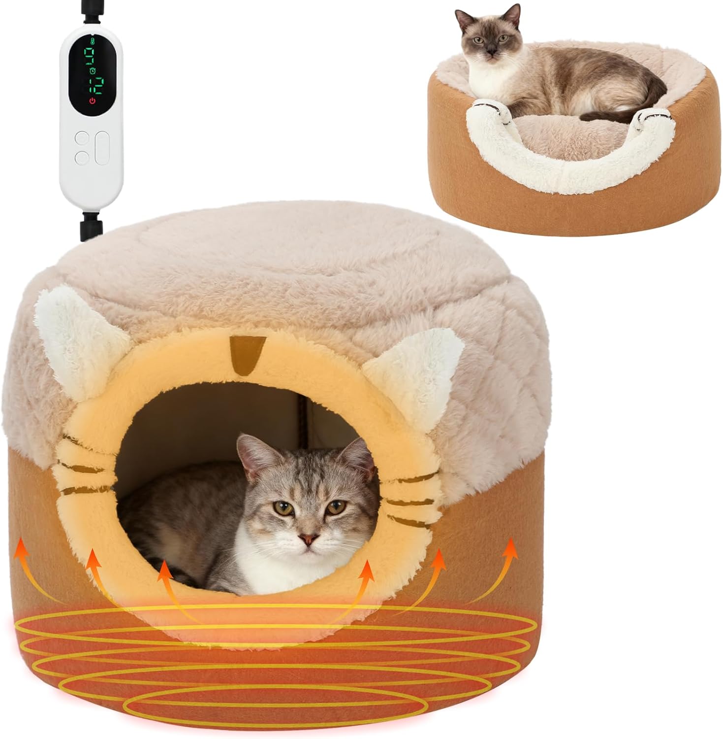 YUEPET 2-in-1 Heated Cat Bed,Electric Warming Pet Cave Tent & Cuddler with Timer & Temp Adjustable，Foldable Heated Bed for Indoor Cats with Removable Heating Pad,Machine Washable Pet Hideaway