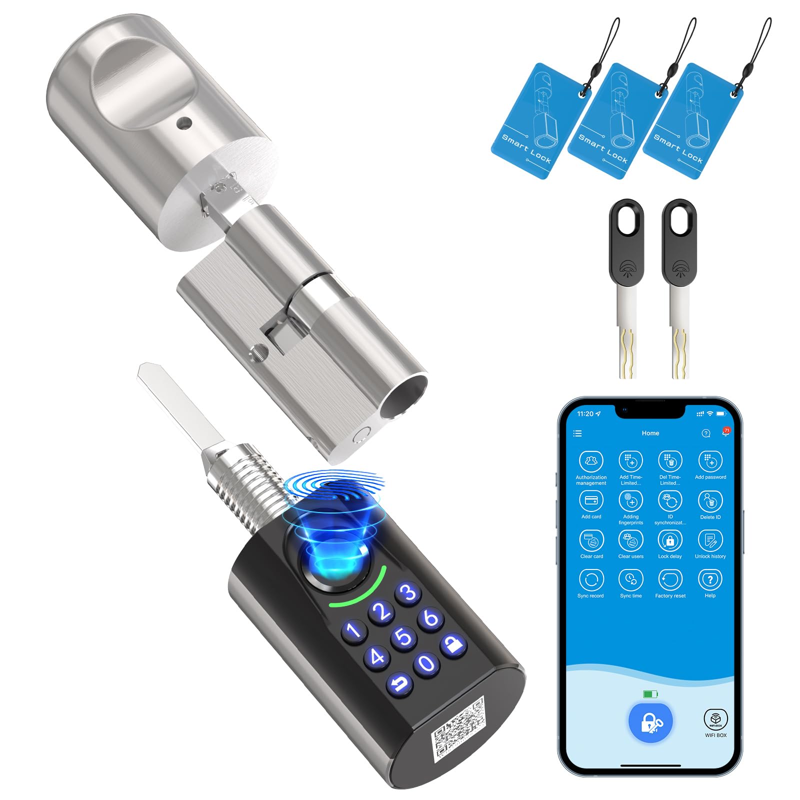 RUILON ToucA71 Serrure connectée à code 32.5x30 Cylindre empreinte digitale | Serrure biometrique avec 3 cartes RFID 2 clés, portes 60-90 mm, Facile à installer, Code temporaire, Airbnb Maison Chambre