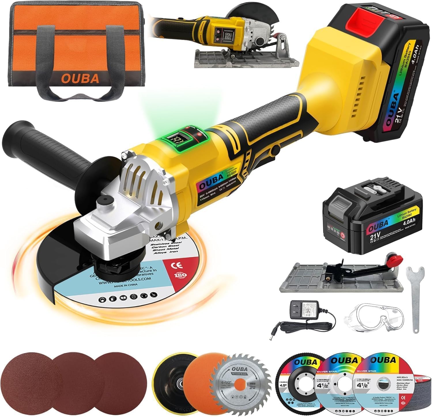 OUBA Cordless Angle Grinder Compatible for Dewalt battery 20V Power Angle Grinder 4.0Ah, Metal Grinder with LED, 6 Variable Speed, 4-1/2" Cutting Wheel, Flap Disc for Cutting, Polishing, Yellow