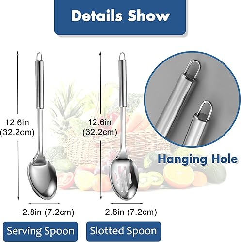 Miniatura 8 de Juego de 2 cucharas de cocina grandes, cuchara de servir de acero inoxidable y cuchara ranurada para cocinar, cucharas largas resistentes al calor