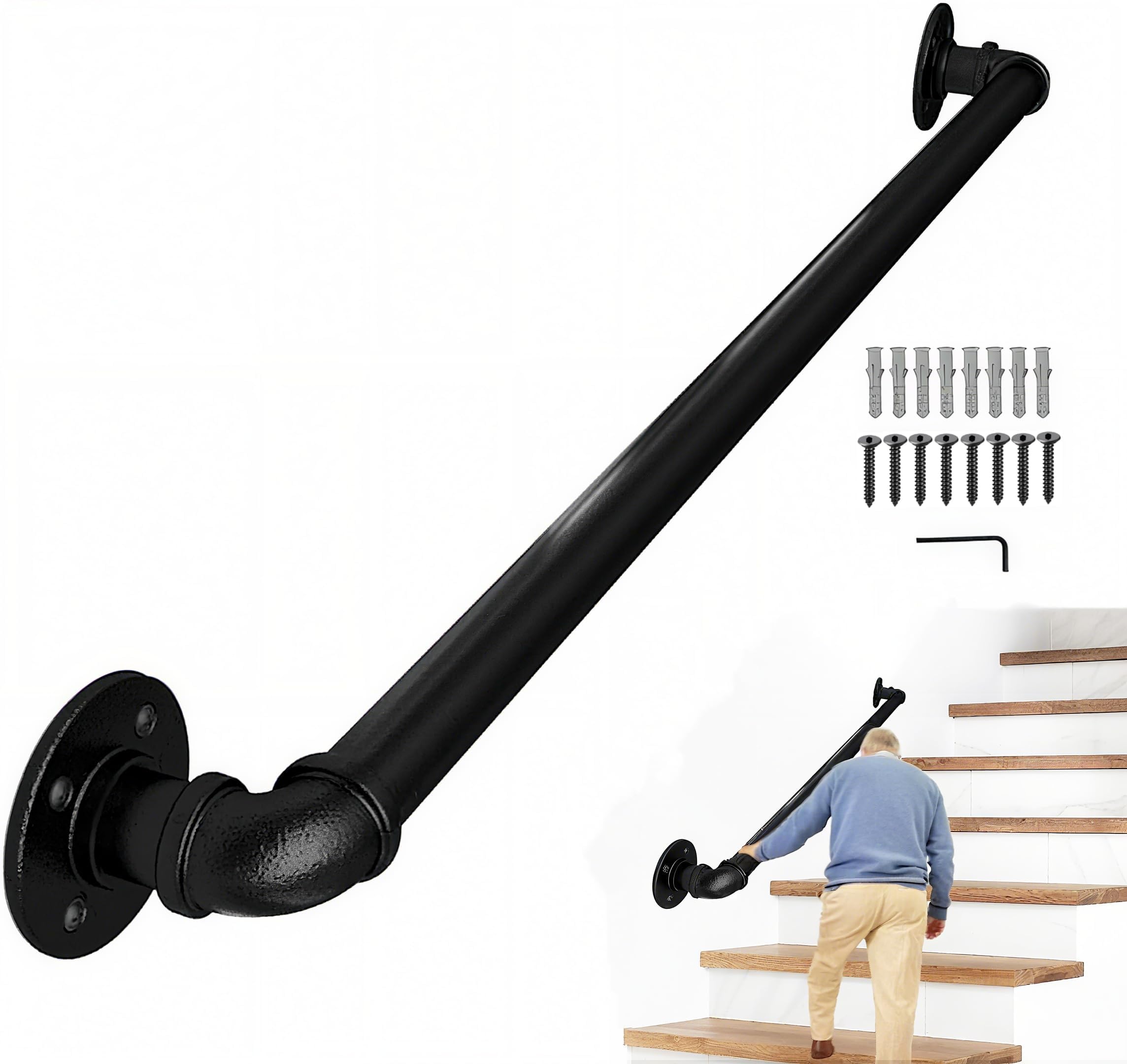 Handrail for Staircase, 1 Meter/3.3 FT Black Cover Metal Pipe Hand Rail for Indoor Stairs, Wall Mount Steps Grab Bars Wrought Iron Matte Banister Anti-Slip for Outdoor, Diameter 3.2cm