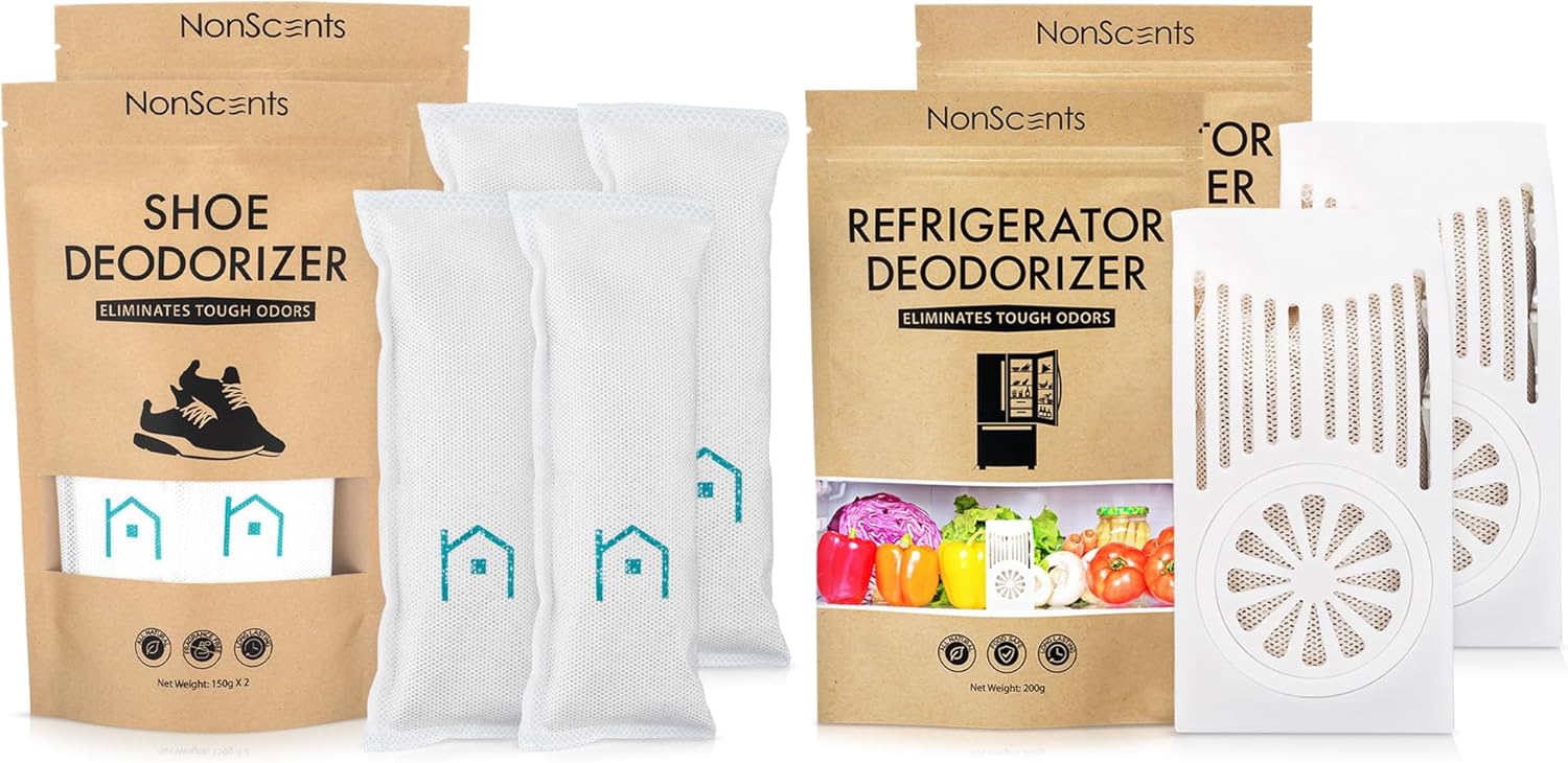NonScents Shoe & Refrigerator Deodorizer Bundle - 2 Pack (4 Count) Shoe Odor Eliminator & 2 Refrigerator Deodorizer - Powerful, Reusable Odor Absorbers for Shoes, Fridge, Closets - Unscented Freshness