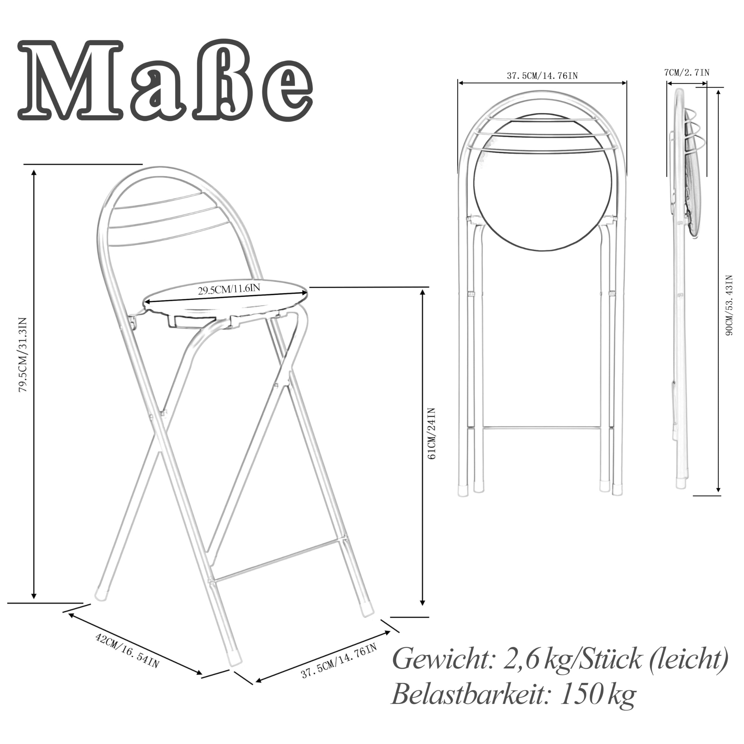 1 Pezzo Sgabello Bar Alto Pieghevole Pieghevole Portatile Cucina con Schienale, Sedie Sgabelli Alti Pieghevoli per Interno Esterno in Cucine/Bar/Bistrot/Campeggio/Nero Ecopelle Seduta/Altezza 61CM