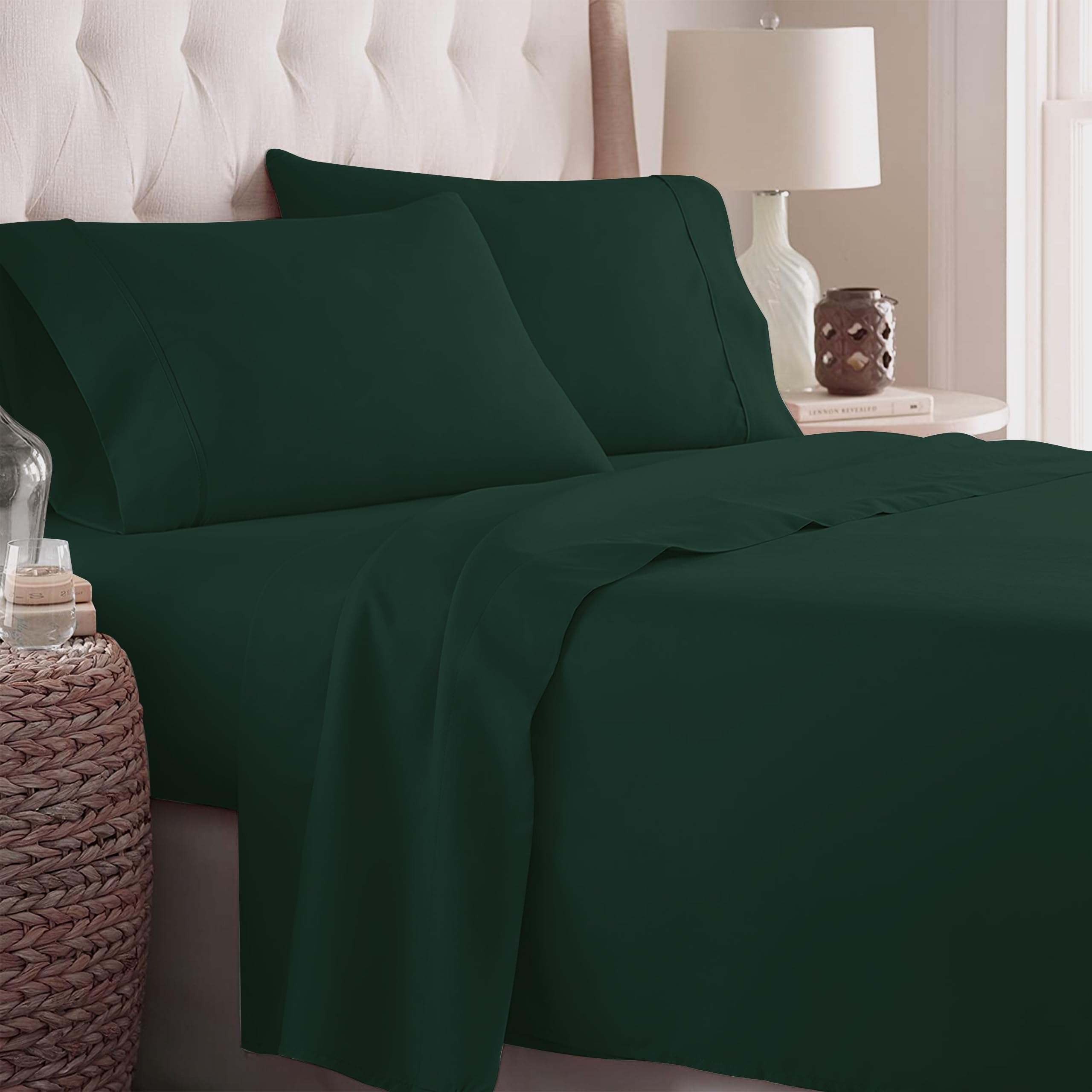 Danjor Linens Bed Sheet Set Twin XL for College Dorm Room, Back to School Items, Sheets with 2 Pillowcases, Lightweight Brushed Microfiber Deep Pockets, 4 Piece Bedding Sets, Forest Green
