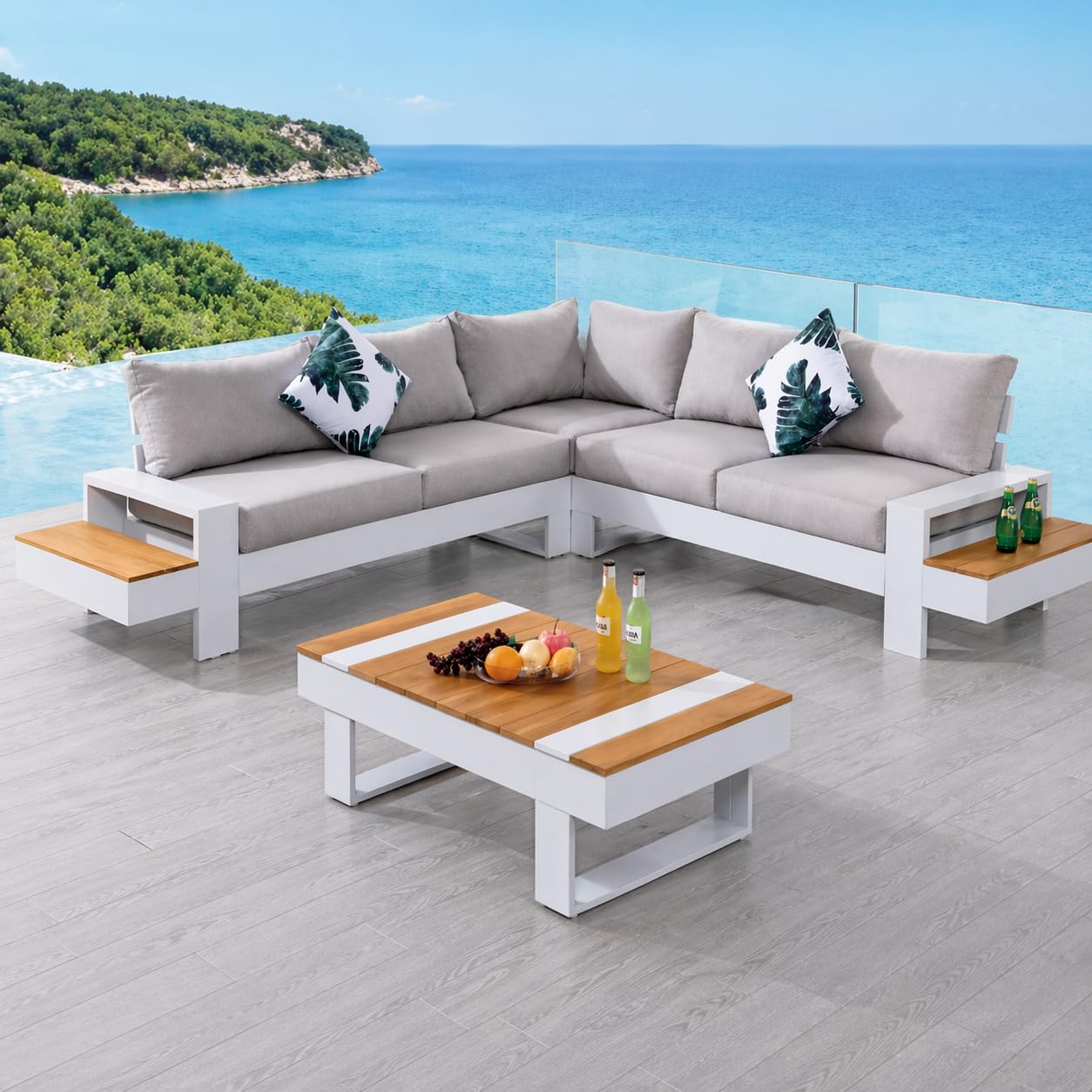 XONE Set da giardino angolare Malibù in alluminio bianco e teak | Salotto da giardino moderno per esterni eleganti | Salotto outdoor con divani e tavolino per terrazzo veranda e giardino