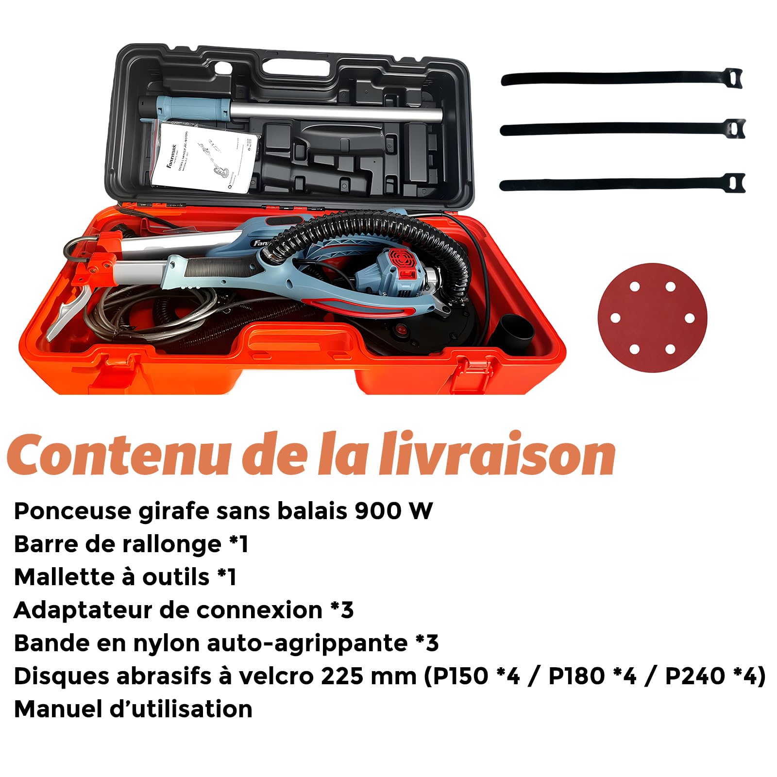 FANZWORK Ponceuse girafe avec moteur EC sans balais, Ultra-légère, 900 W, 2300 tr/min (max.), éclairage LED, inclut 12 Disques Abrasifs de 225 mm, Mallette de Transport.