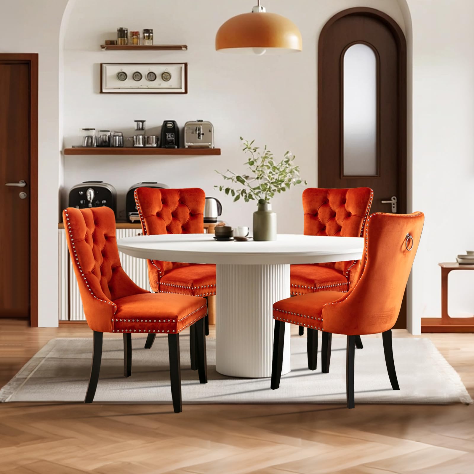 SoarTalent Velvet Upholstered Dining Chairs Set of 4, Modern Style Kitchen Side Chairs with Nailhead Trim and Wood Legs,Metal Pulling Ring for Dining