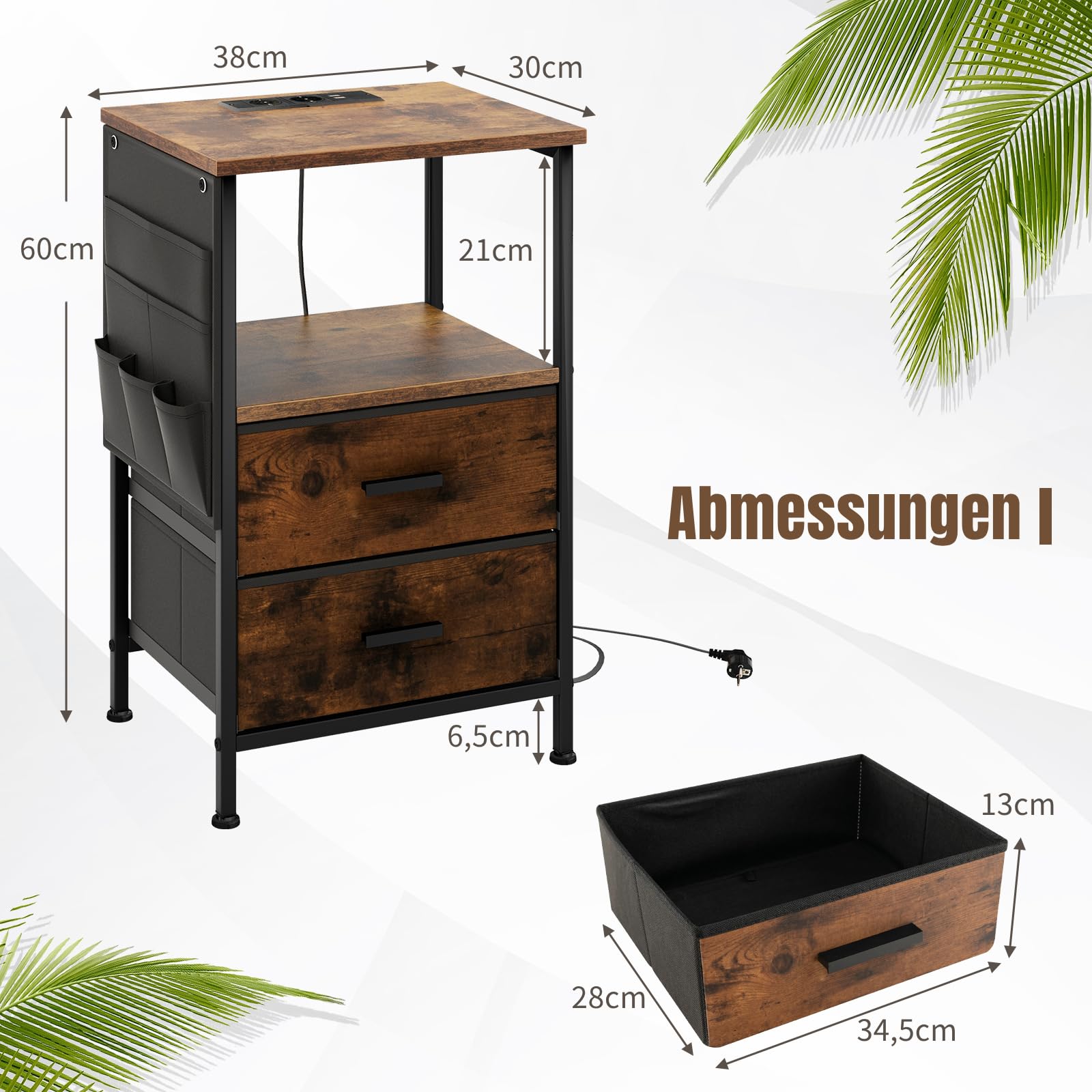COSTWAY Stolik nocny 2 sztuki z 2 szufladami gniazdko elektryczne USB drewniany 38x30x60 cm rustykalny brąz