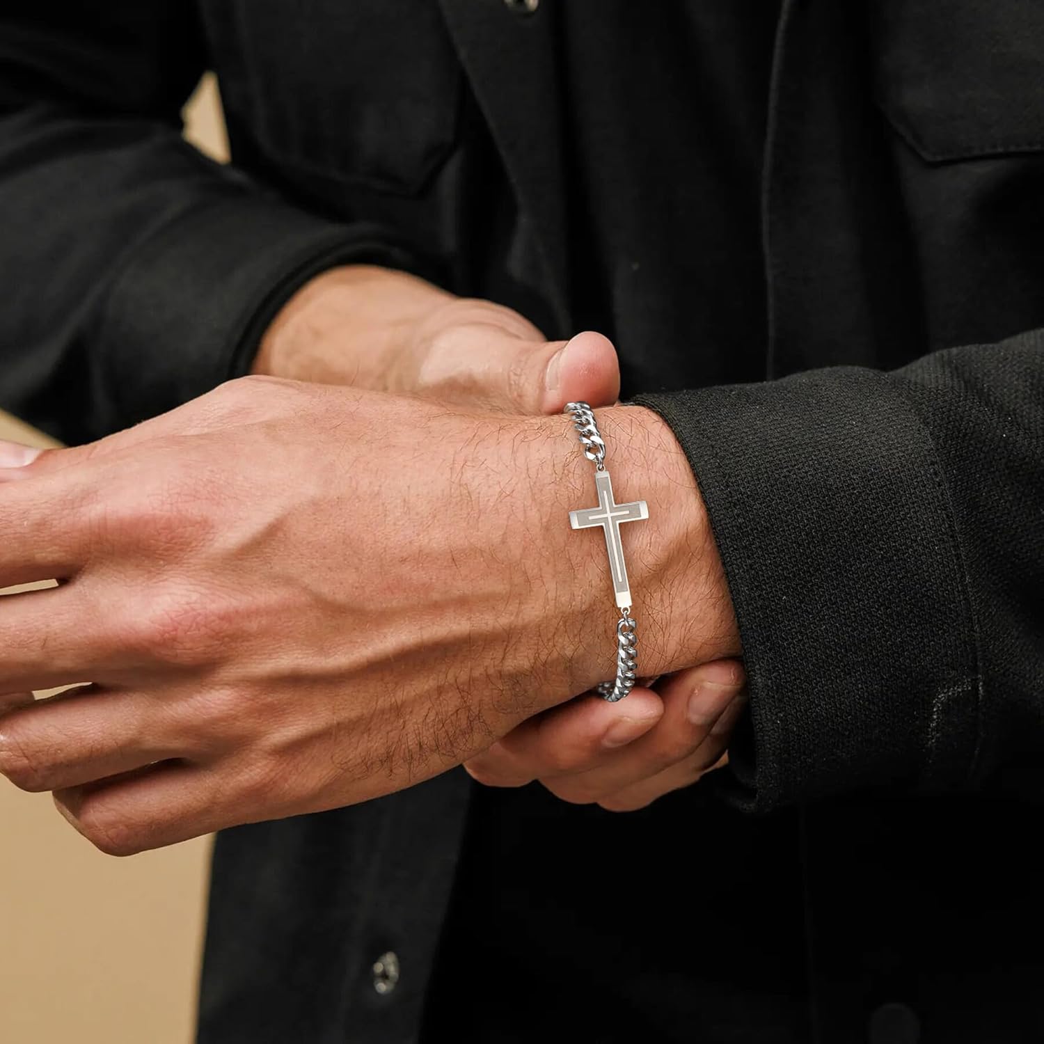 Silver Cross Bracelet for Men Teens, Stainless Steel Cuban/Figaro Cross Chain Link Bracelet 5mm 7+2 Inches, Christian Religious Jesus Confirmation Jewelry Gifts for Him - Image 5