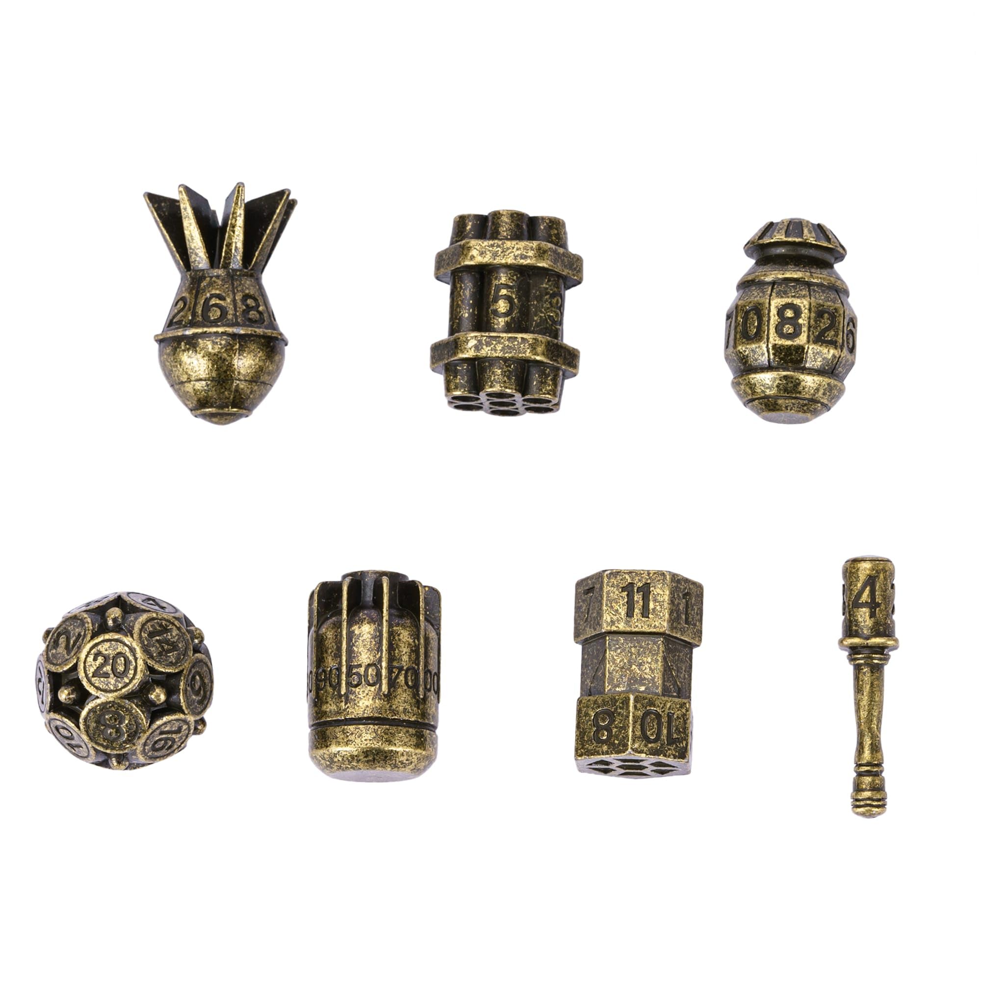 UDIXI Metal Dice Set D&D, 7-Die Bomb-Shaped Metal DND Dice Set with Leather Pouch for RPG and Other Tabletop Game(Bronze)