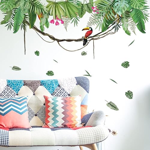 Miniatura 3 de Runtoo Calcomanías de arte de pared de hojas de palma, hojas de plantas verdes de selva, calcomanías de pared para sala de estar, dormitorio,