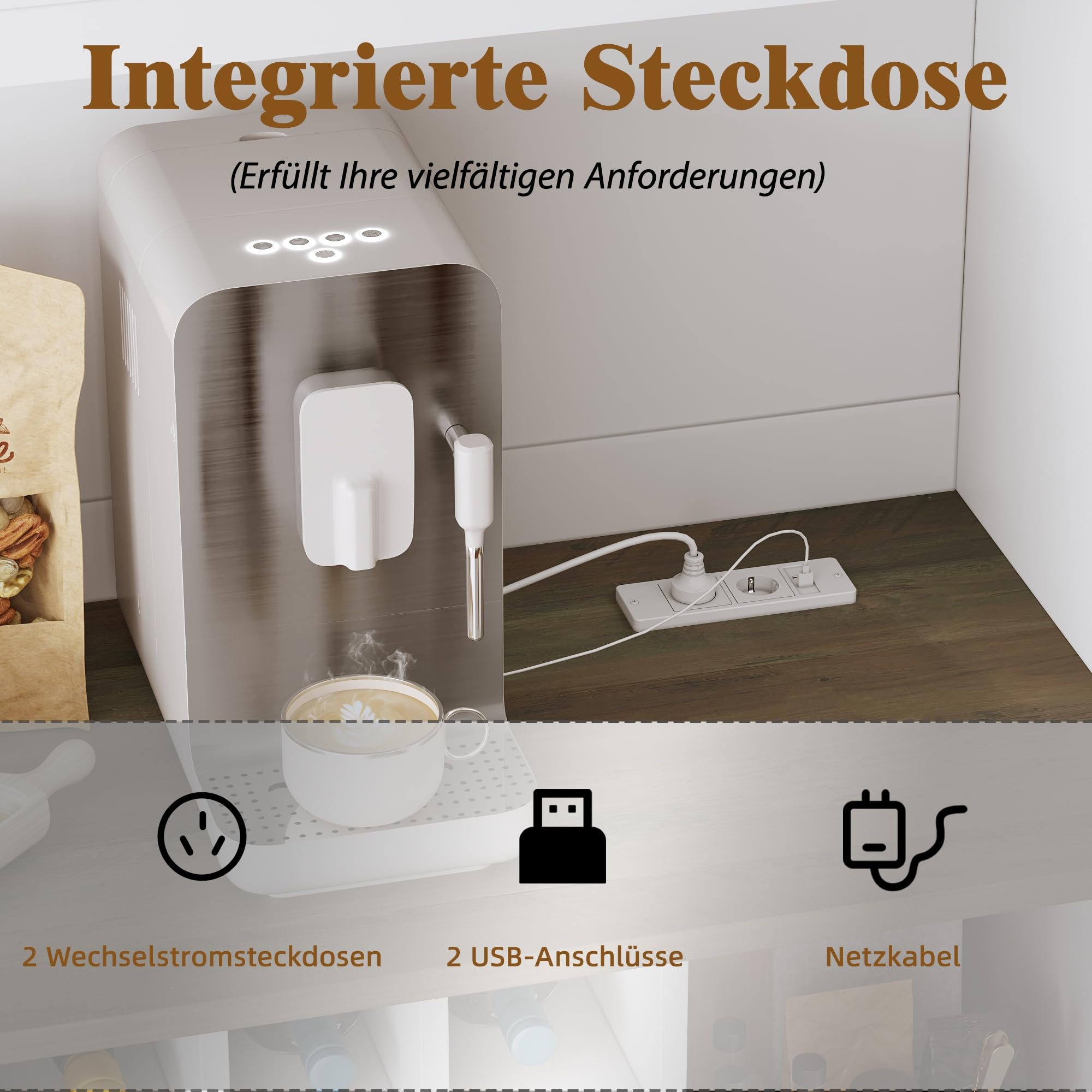 Seitenschrank, Aufbewahrungsschrank, Küchenschrank, 120x36,3x180 cm, mit LED-Beleuchtung und Steckdose, sechs Türen, Zwei große Schubladen, Weiß