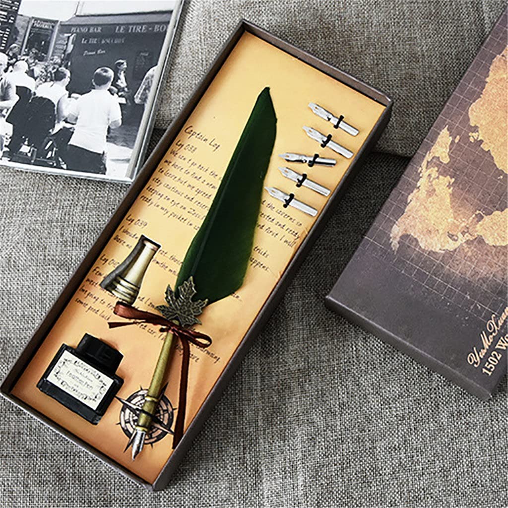 Set di penne stilografiche in metallo, stile retrò, confezione regalo per calligrafia inglese, souvenir per studenti, ufficio, scuola (A)
