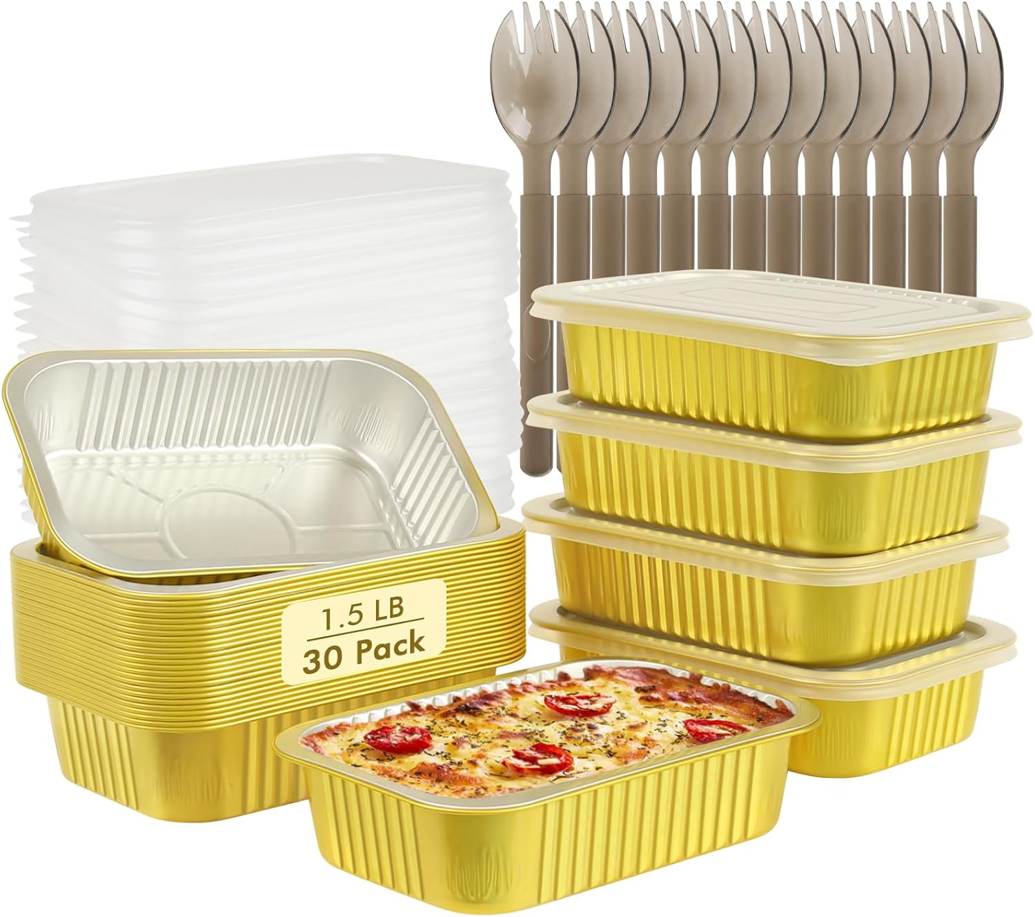 LNYZQUS 30 Pack 1.5lb Small Aluminum Pans with PP Lids, Foil To Go Boxes Holders for Oven,7”x5” Disposable Cake Baking Tins Leftover Containers for Cooking Heating Storing Meal Prep-Gold 30pack-Gold