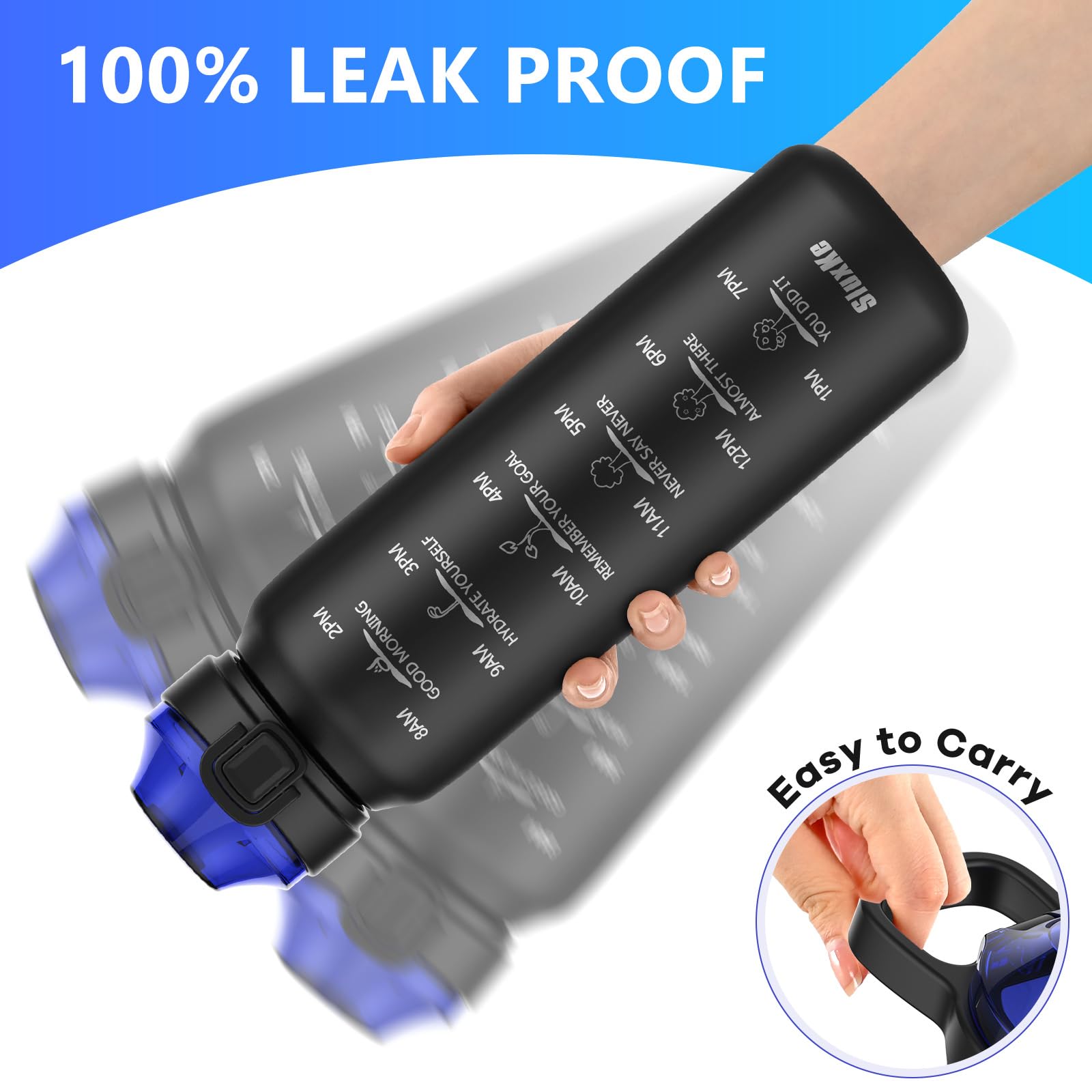 SLUXKE Borraccia Termica 1 Litri con Handle | Metallo Acciaio Inox Boraccia con Indicatore Del Tempo 1000ml, Senza BPA, Tenuta Stagna Borraccia per Sport, Escursioni, e Camping Nero