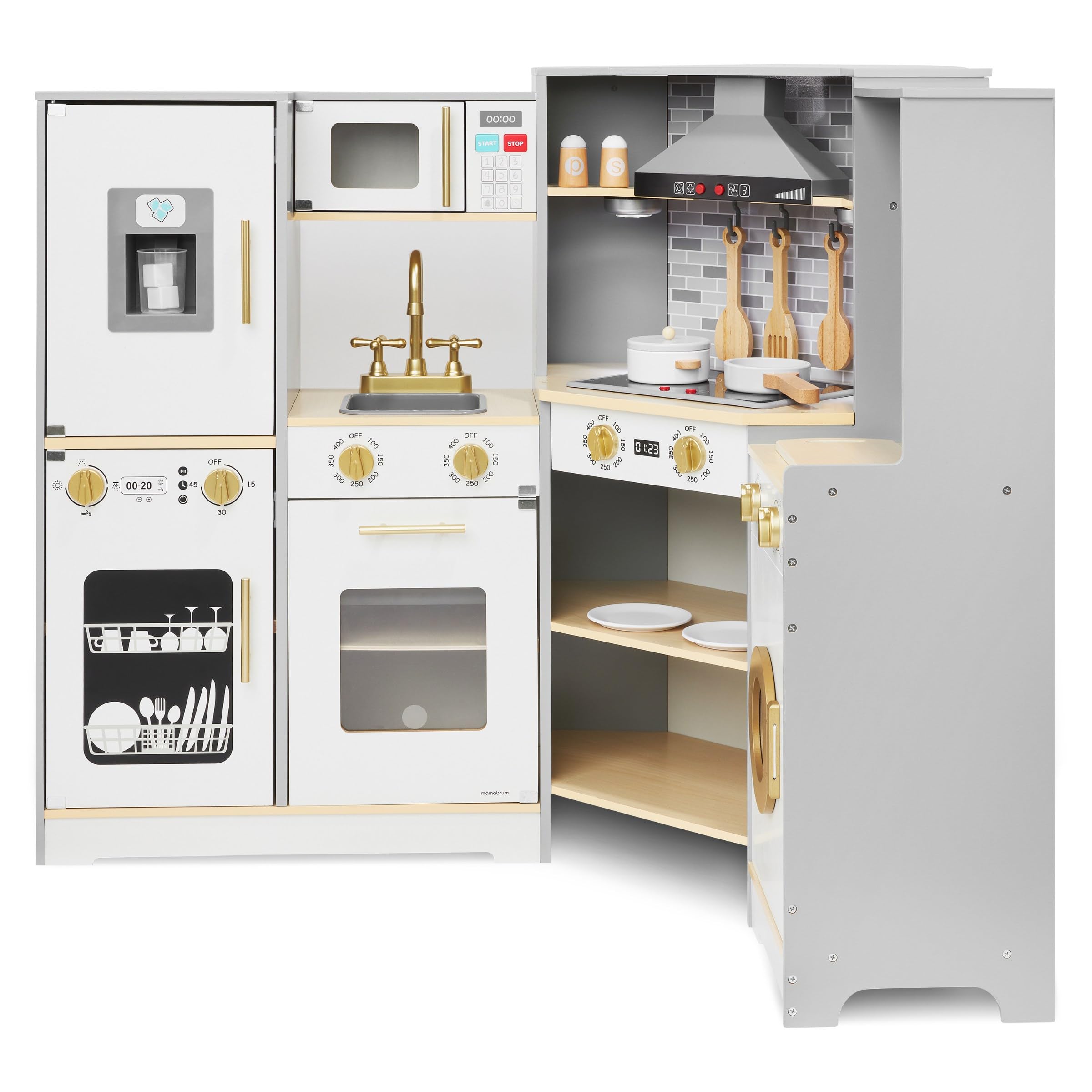 Mamabrum Cucina in legno per bambini 3+, grande, interattiva XXXL fornello interattivo con illuminazione a LED, set da cucina con lavatrice, forno, lavastoviglie, cappa e pentole