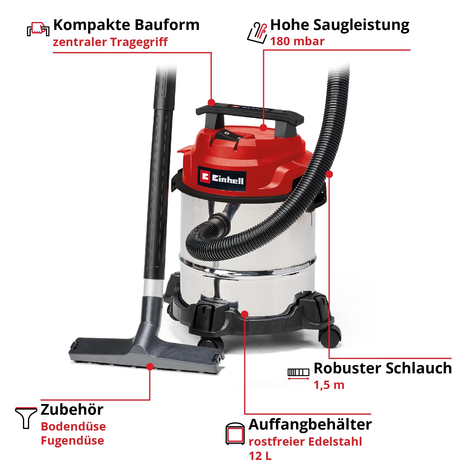 Einhell Nass-Trockensauger TC-VC 1812/1 S | 1250 W | 180 mbar | 12-L-Behälter | 4 Lenkrollen | Fugen- & Kombidüse | Schaumstofffilter